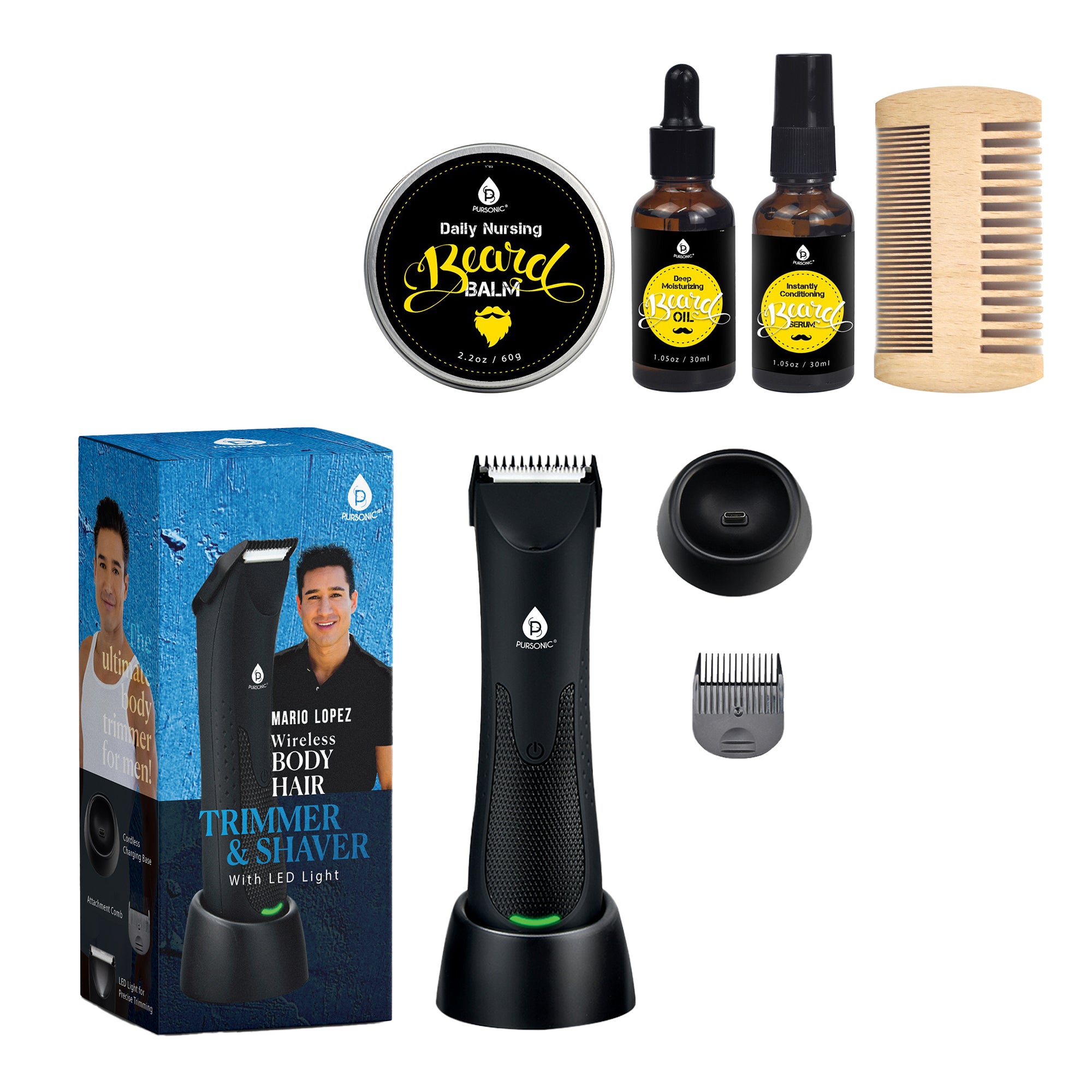 Mario Lopez Wireless Body Hair Trimmer & Shaver with Beard Care Kit, showcasing trimmer, comb, oil, balm, and serum.