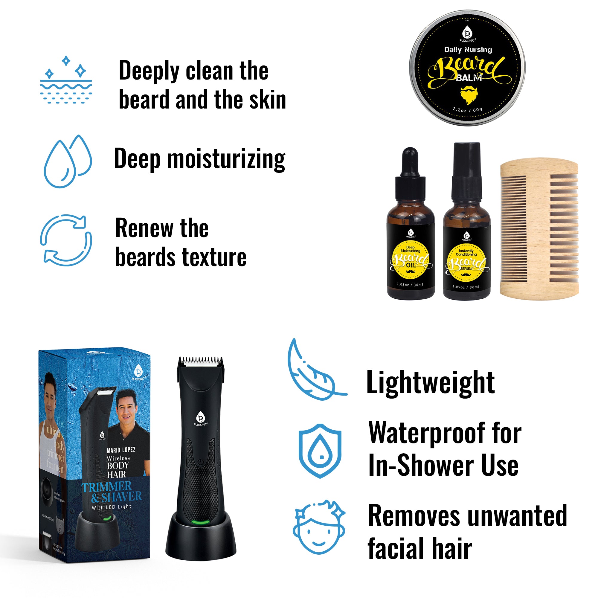 Mario Lopez Wireless Body Hair Trimmer & Shaver with Beard Care Kit, showcasing trimmer, comb, oil, balm, and serum.