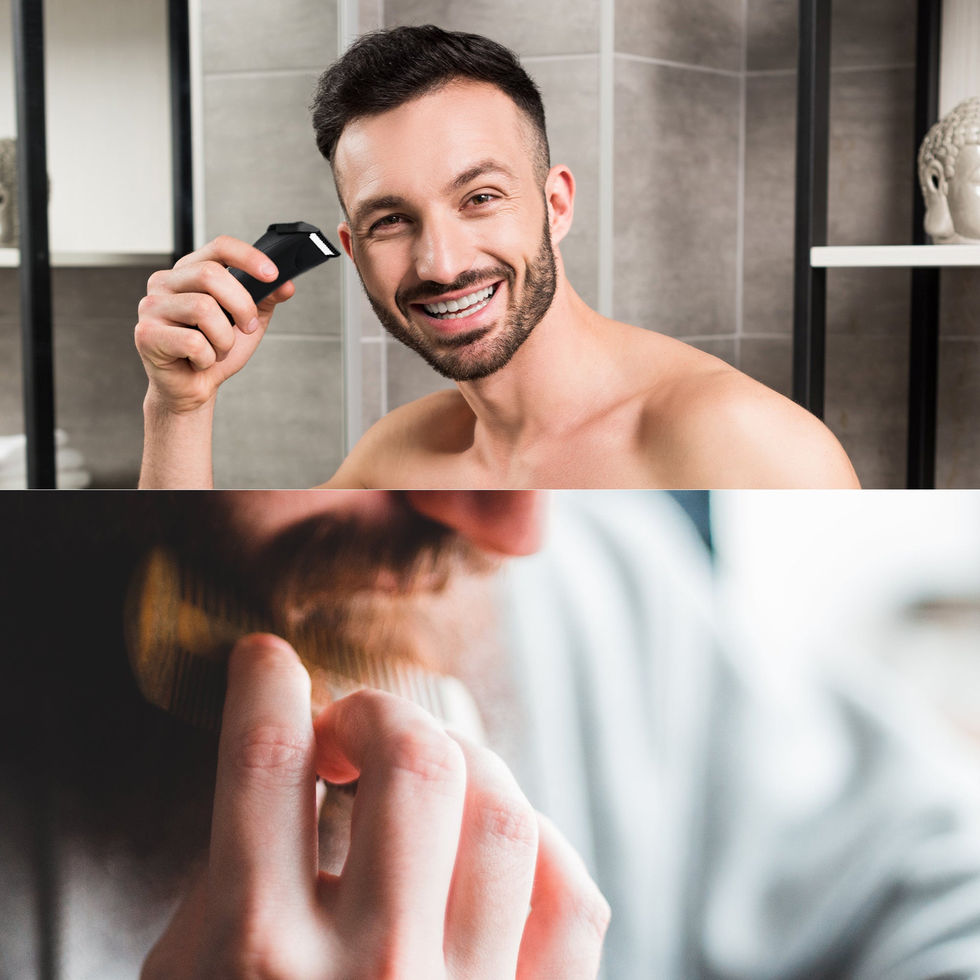 Mario Lopez Wireless Body Hair Trimmer & Shaver with Beard Care Kit, showcasing trimmer, comb, oil, balm, and serum.