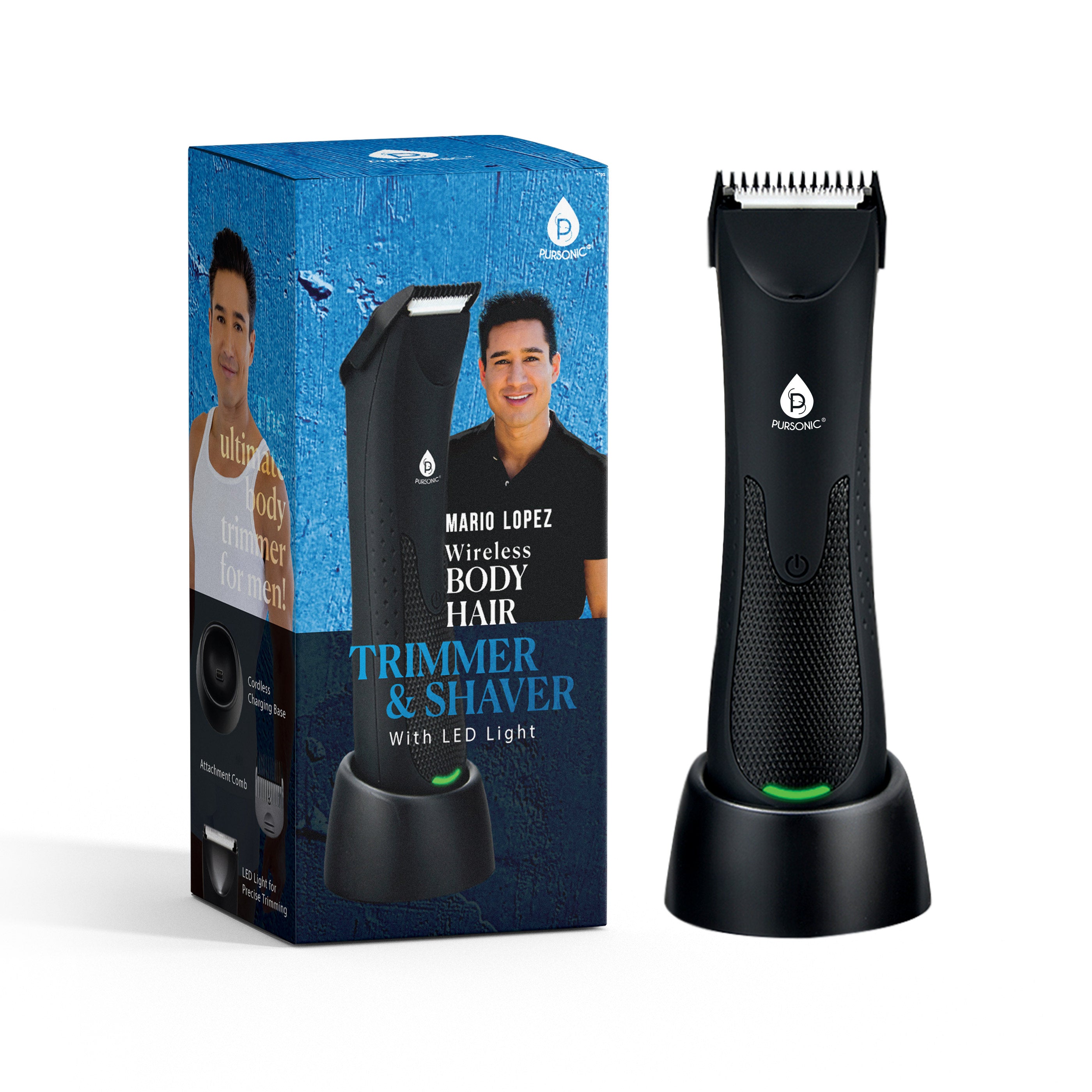 Mario Lopez Wireless Body Hair Trimmer & Shaver with sleek design and LED light, showcasing its precision ceramic blade and cordless charging base.
