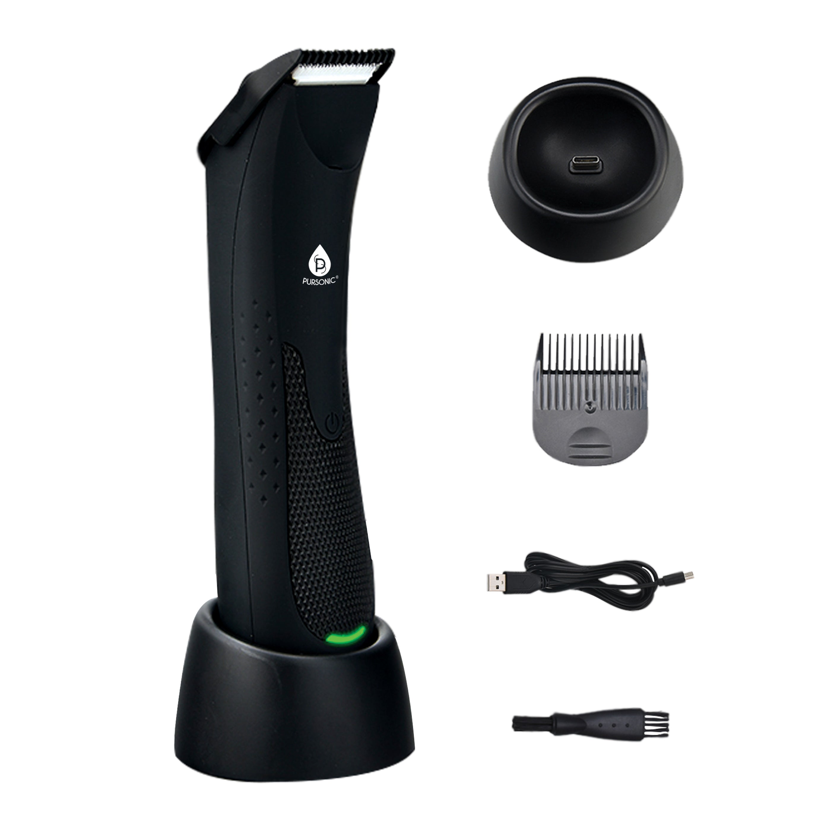 Mario Lopez Wireless Body Hair Trimmer & Shaver with sleek design and LED light, showcasing its precision ceramic blade and cordless charging base.