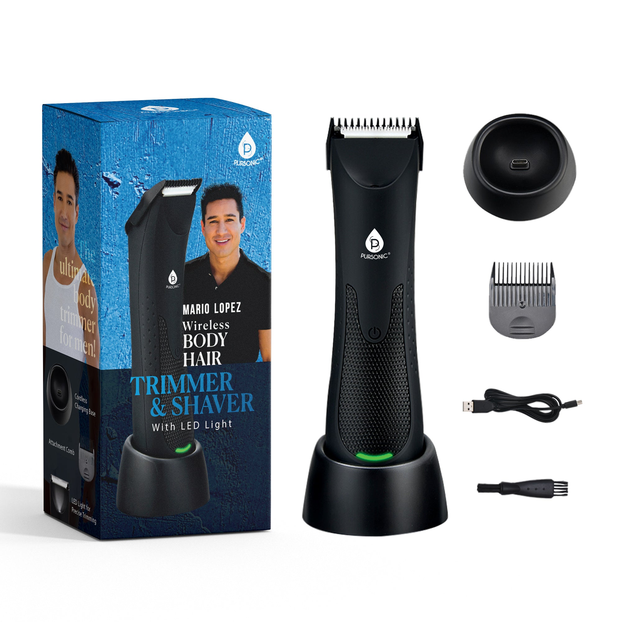 Mario Lopez Wireless Body Hair Trimmer & Shaver with sleek design and LED light, showcasing its precision ceramic blade and cordless charging base.