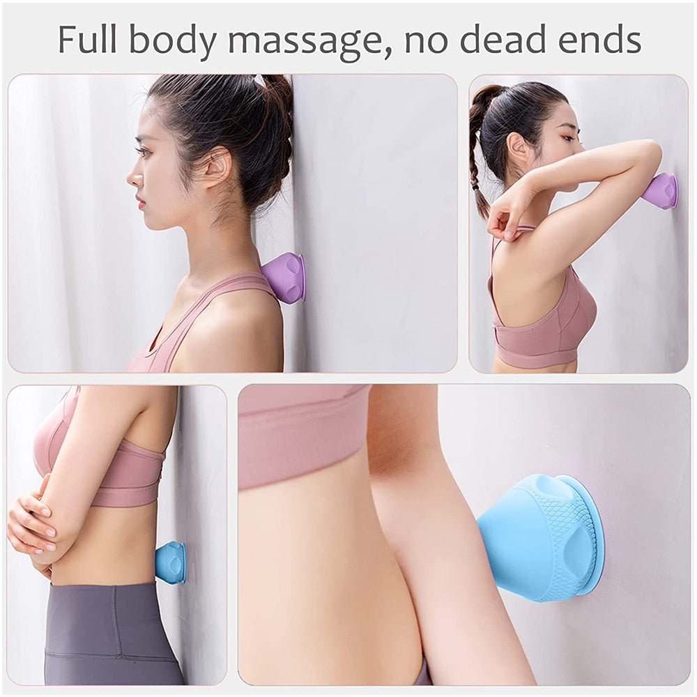 A silicone massage ball with a suction cup designed for deep tissue massage and muscle pain relief, showcasing its smooth surface and compact size.