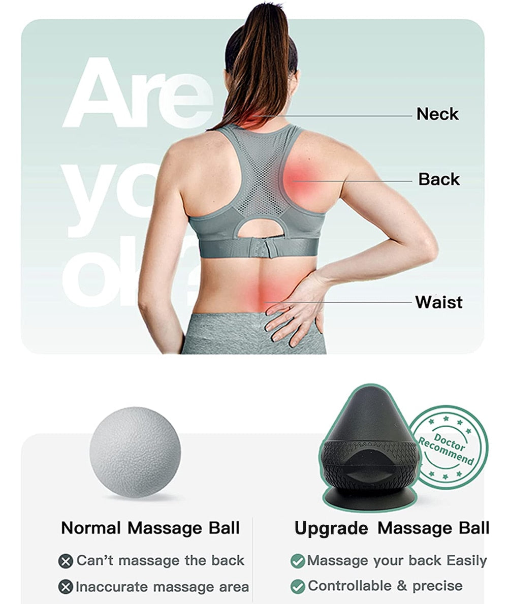 A silicone massage ball with a suction cup designed for deep tissue massage and muscle pain relief, showcasing its smooth surface and compact size.