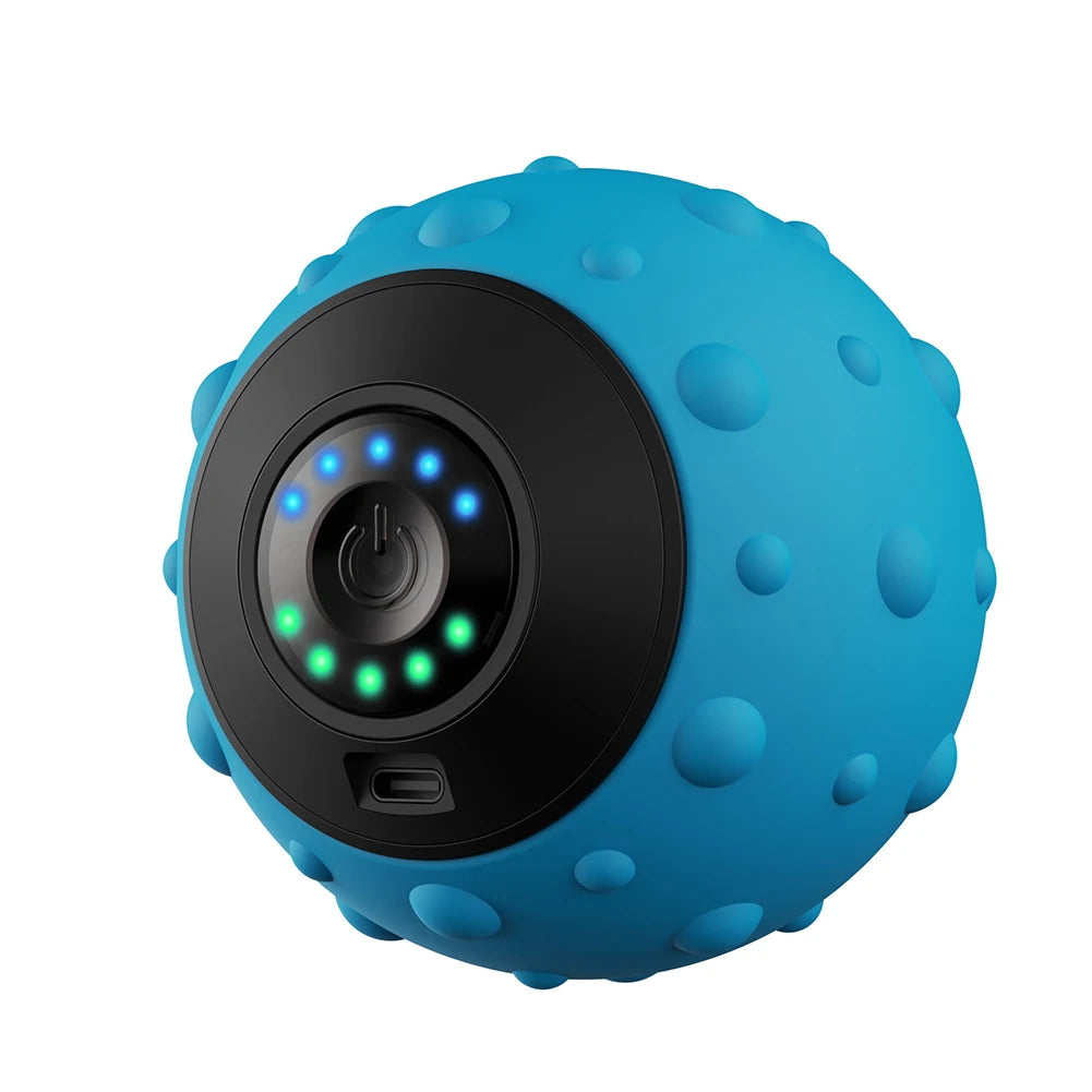 Electric massage ball with textured surface for muscle relaxation, available in blue and black colors.