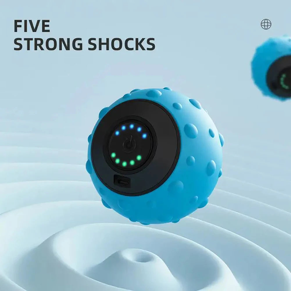 Electric massage ball with textured surface for muscle relaxation, available in blue and black colors.