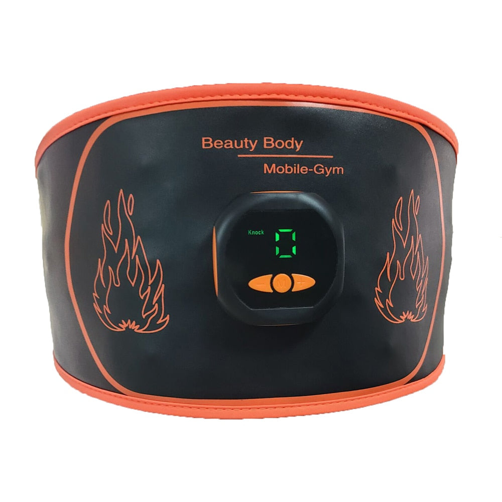 EMS Massage Belt designed for abdominal muscle stimulation and weight loss, featuring a soft PU material and adjustable intensity levels.