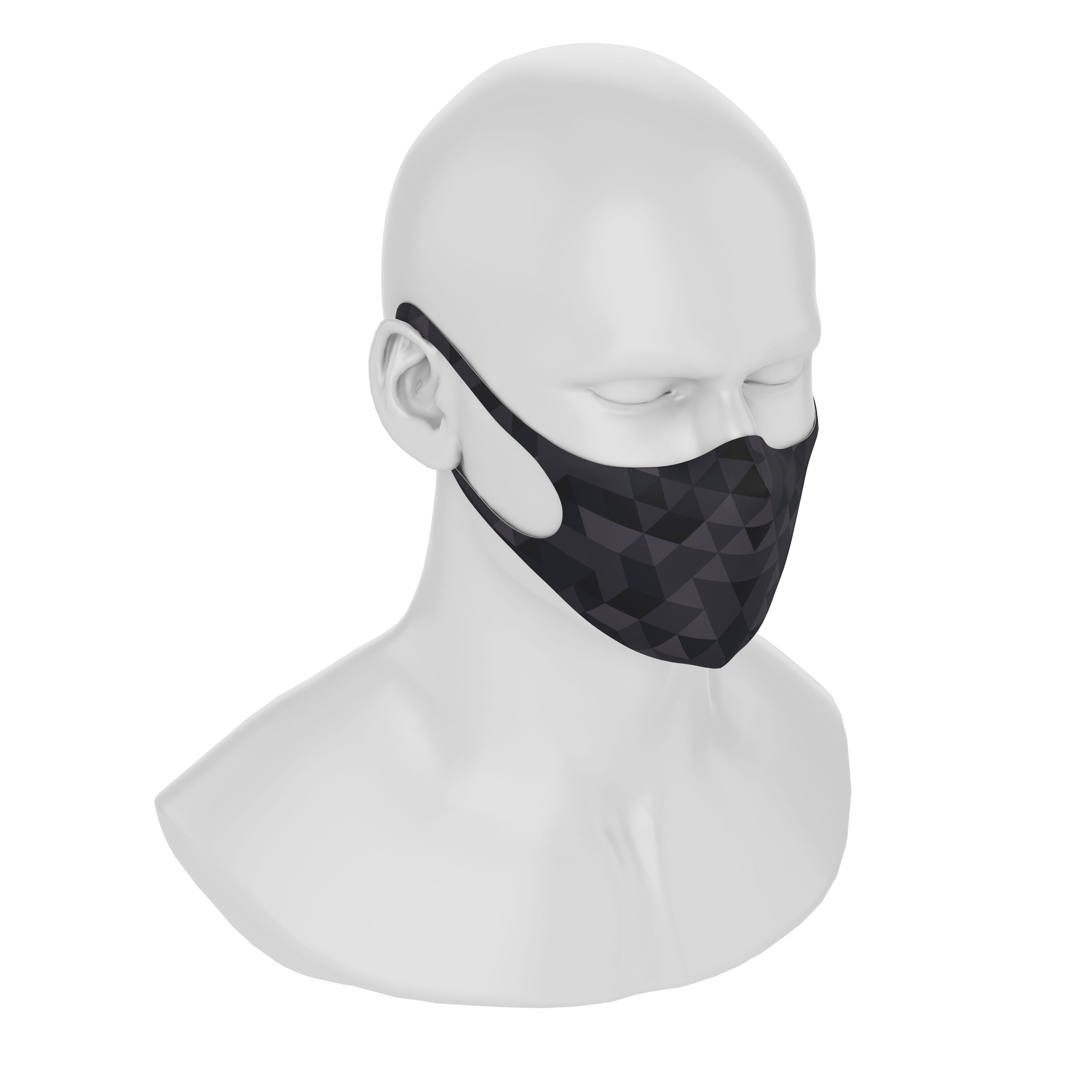Maskery Design Face Mask featuring a stylish triangle pattern in black shades, made from high-quality neoprene fabric.