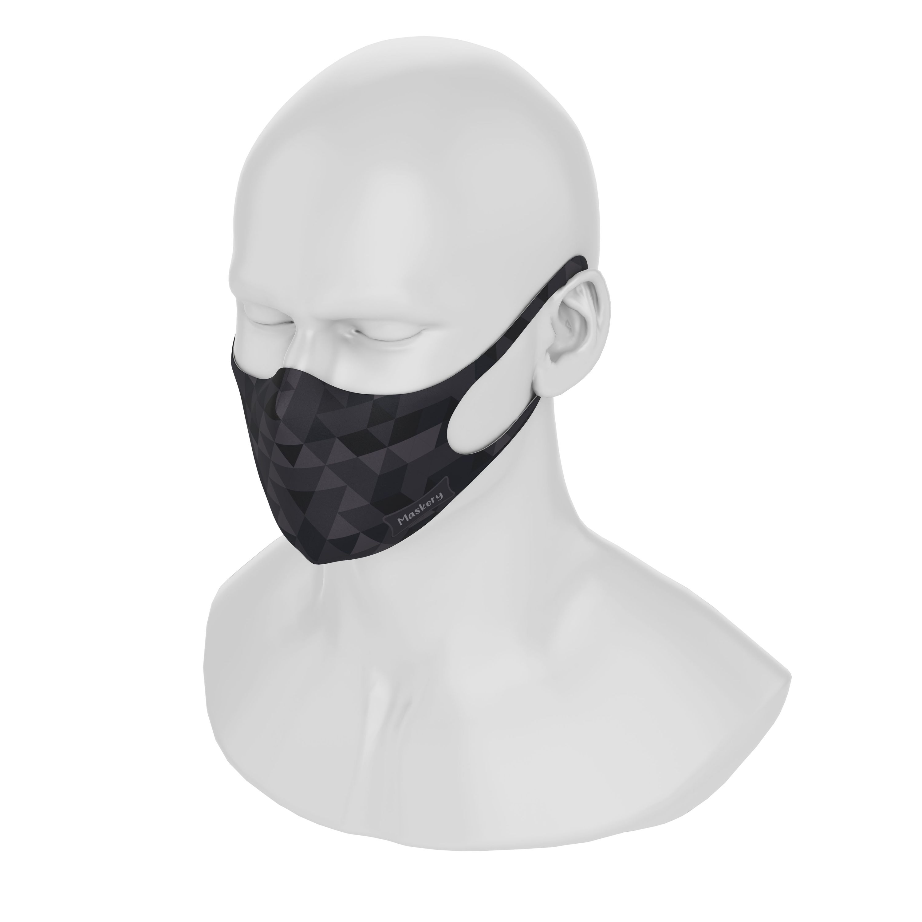 Maskery Design Face Mask featuring a stylish triangle pattern in black shades, made from high-quality neoprene fabric.