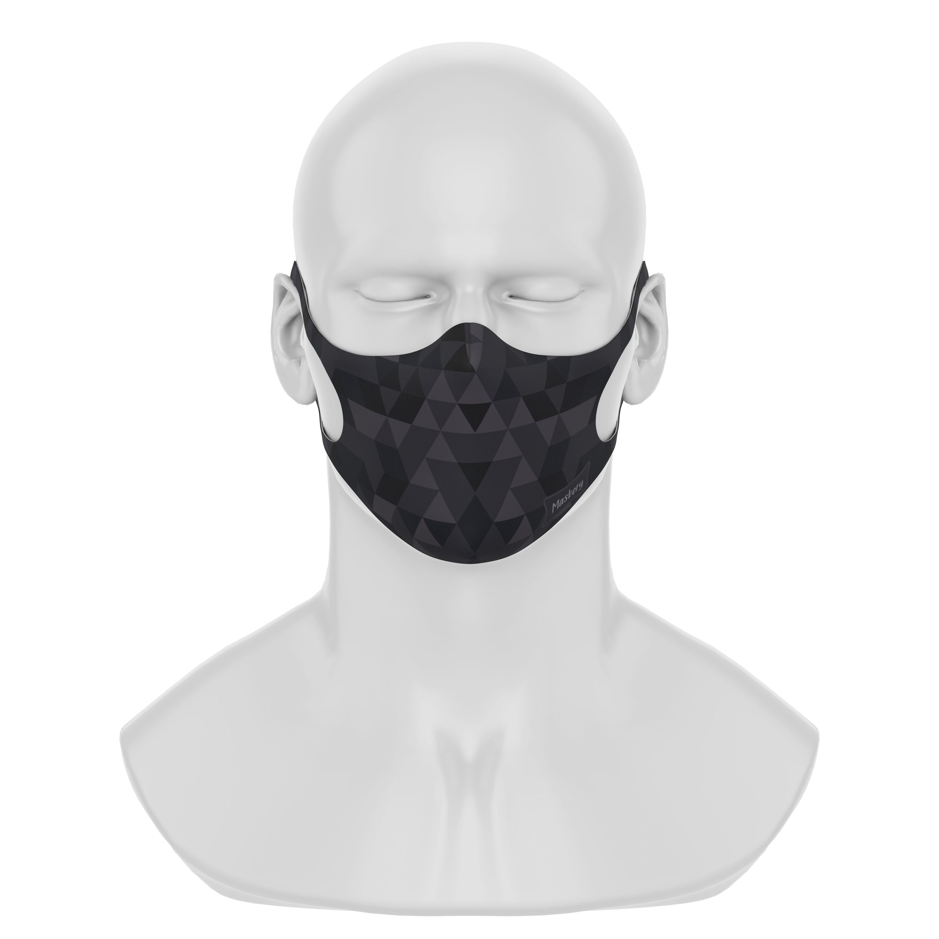 Maskery Design Face Mask featuring a stylish triangle pattern in black shades, made from high-quality neoprene fabric.