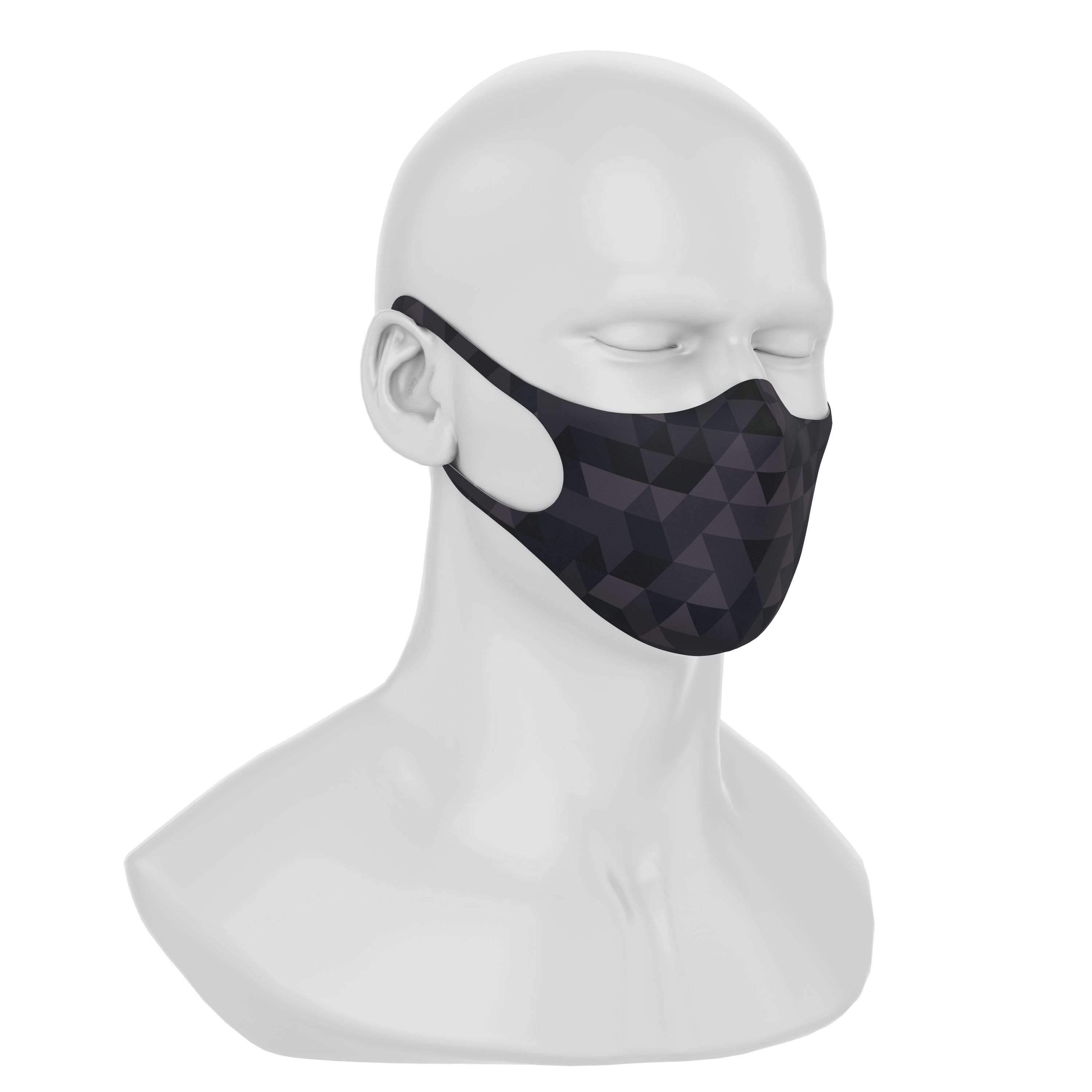 Maskery Design Face Mask featuring a stylish triangle pattern in black shades, made from high-quality neoprene fabric.