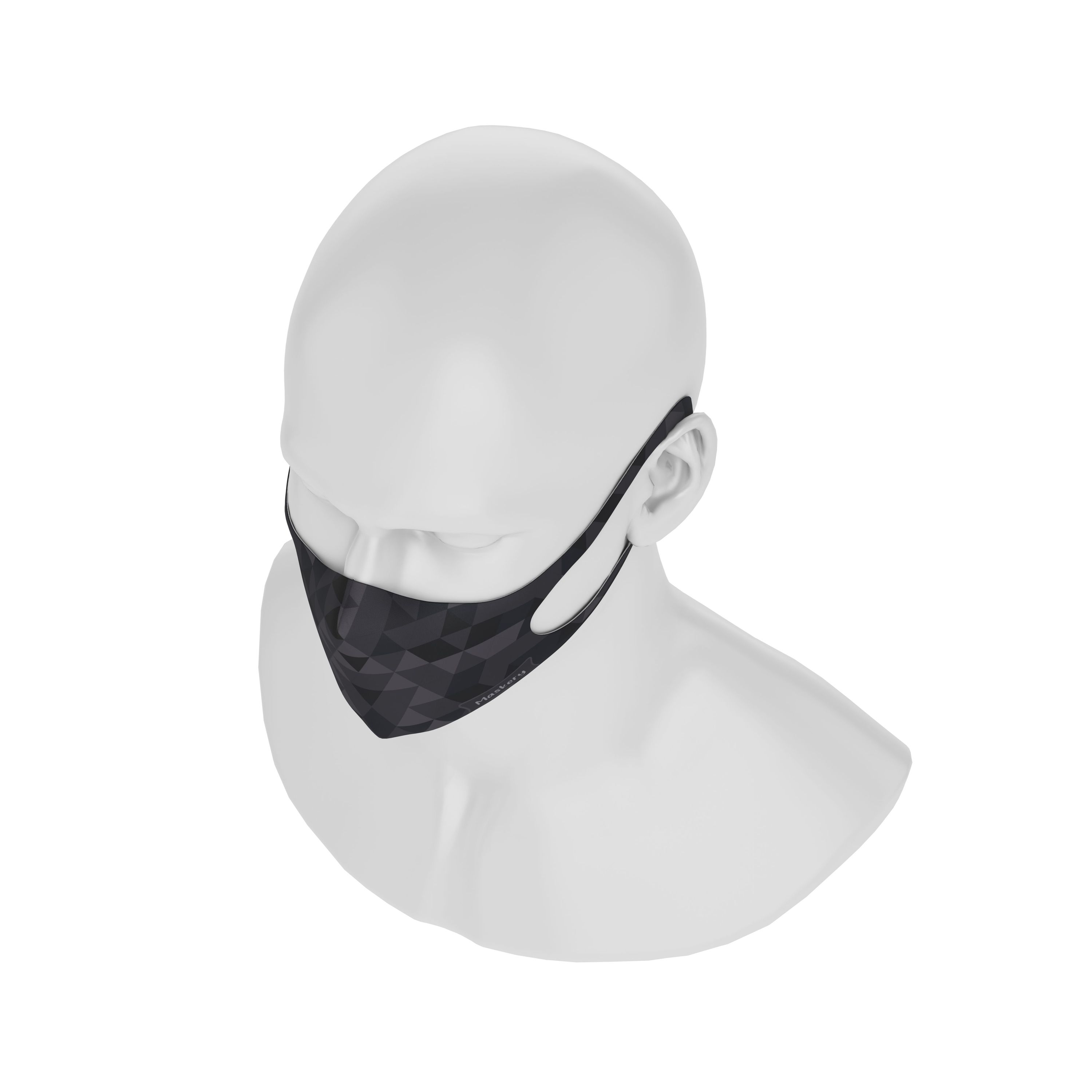 Maskery Design Face Mask featuring a stylish triangle pattern in black shades, made from high-quality neoprene fabric.