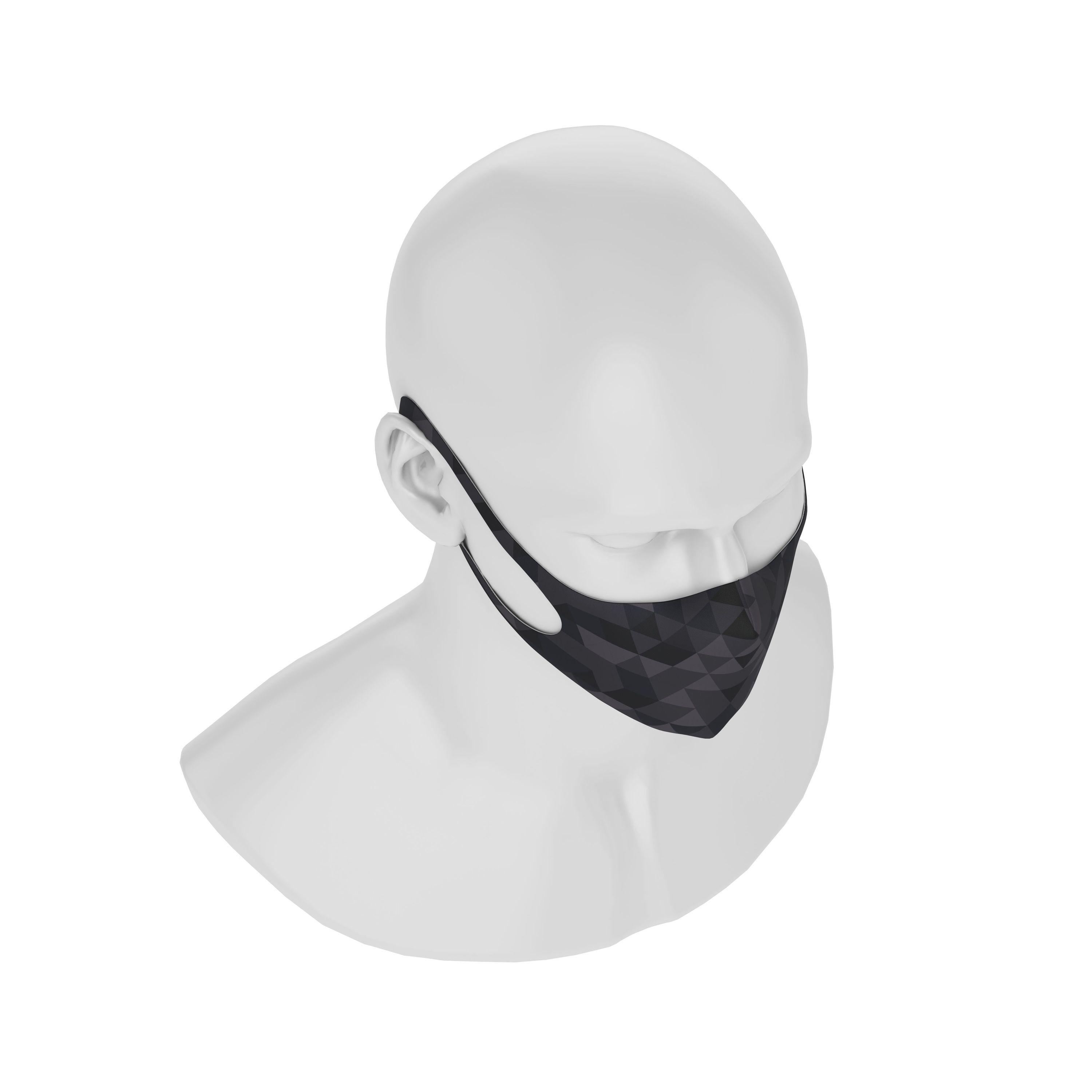 Maskery Design Face Mask featuring a stylish triangle pattern in black shades, made from high-quality neoprene fabric.