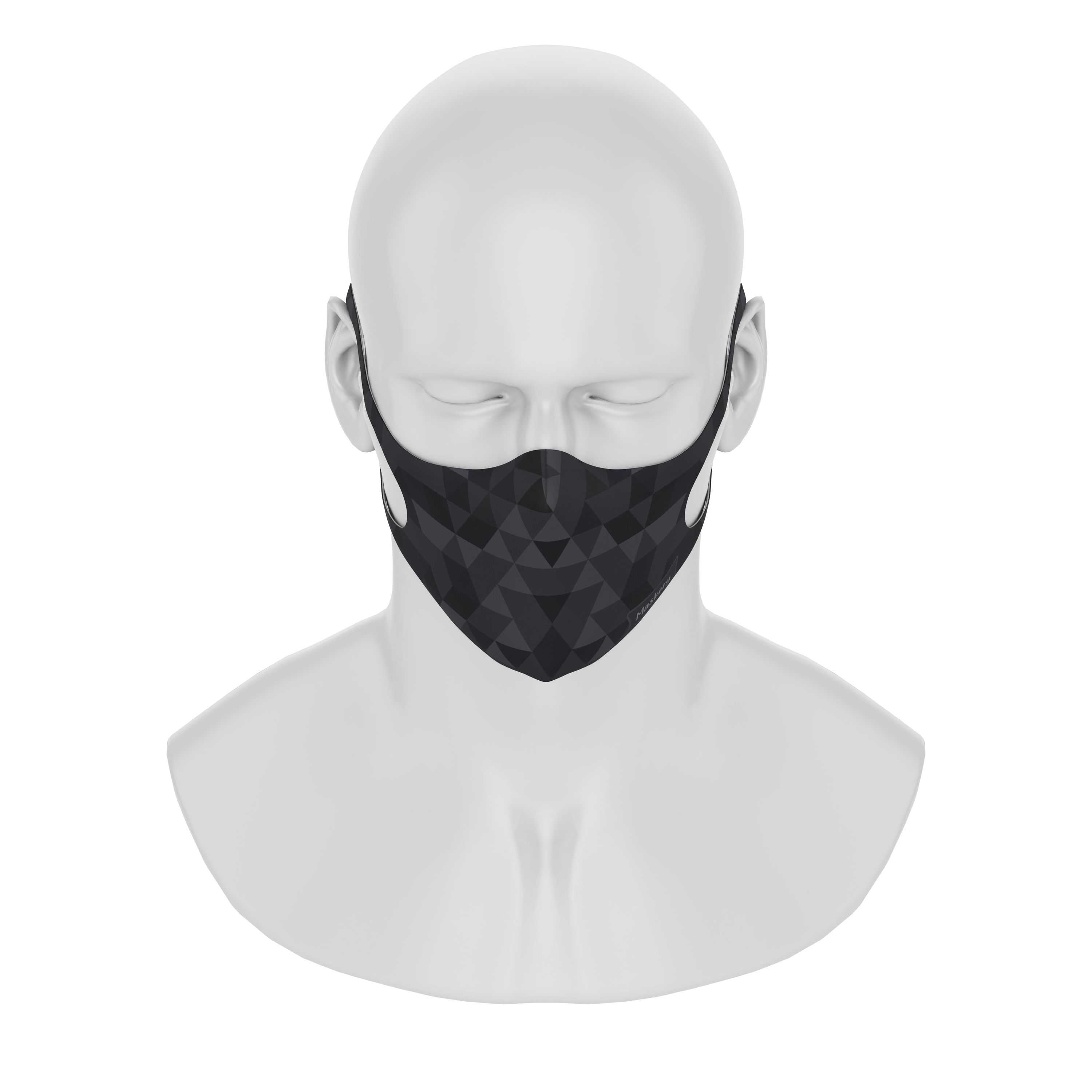Maskery Design Face Mask featuring a stylish triangle pattern in black shades, made from high-quality neoprene fabric.