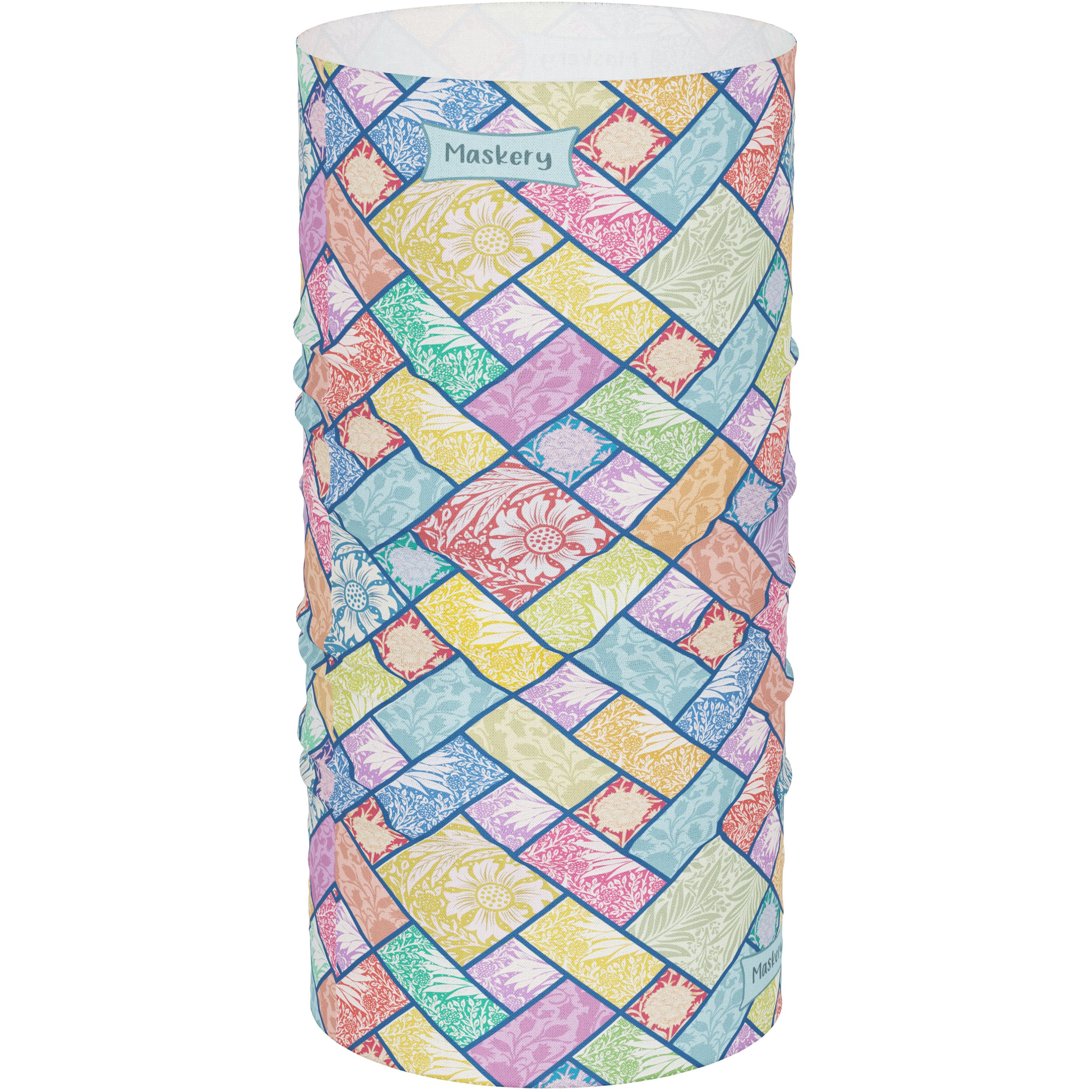 Maskery Multi-Functional Headwear & Neckwear in My Flower Garden design, showcasing its versatility and vibrant floral pattern.