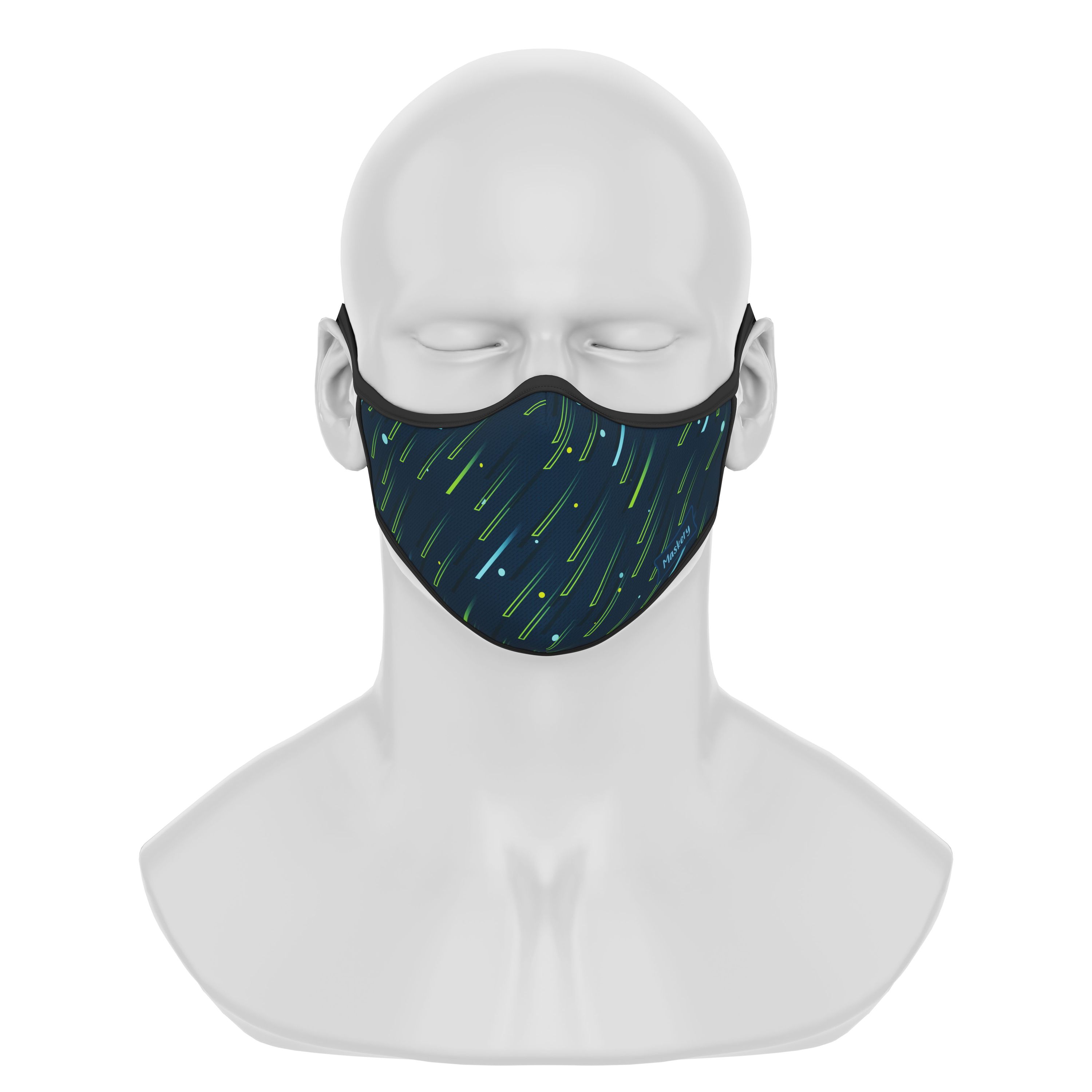 Maskery Premium Face Mask Meteorite Rain made of high-quality neoprene fabric, designed for comfort and protection against dust and allergens.