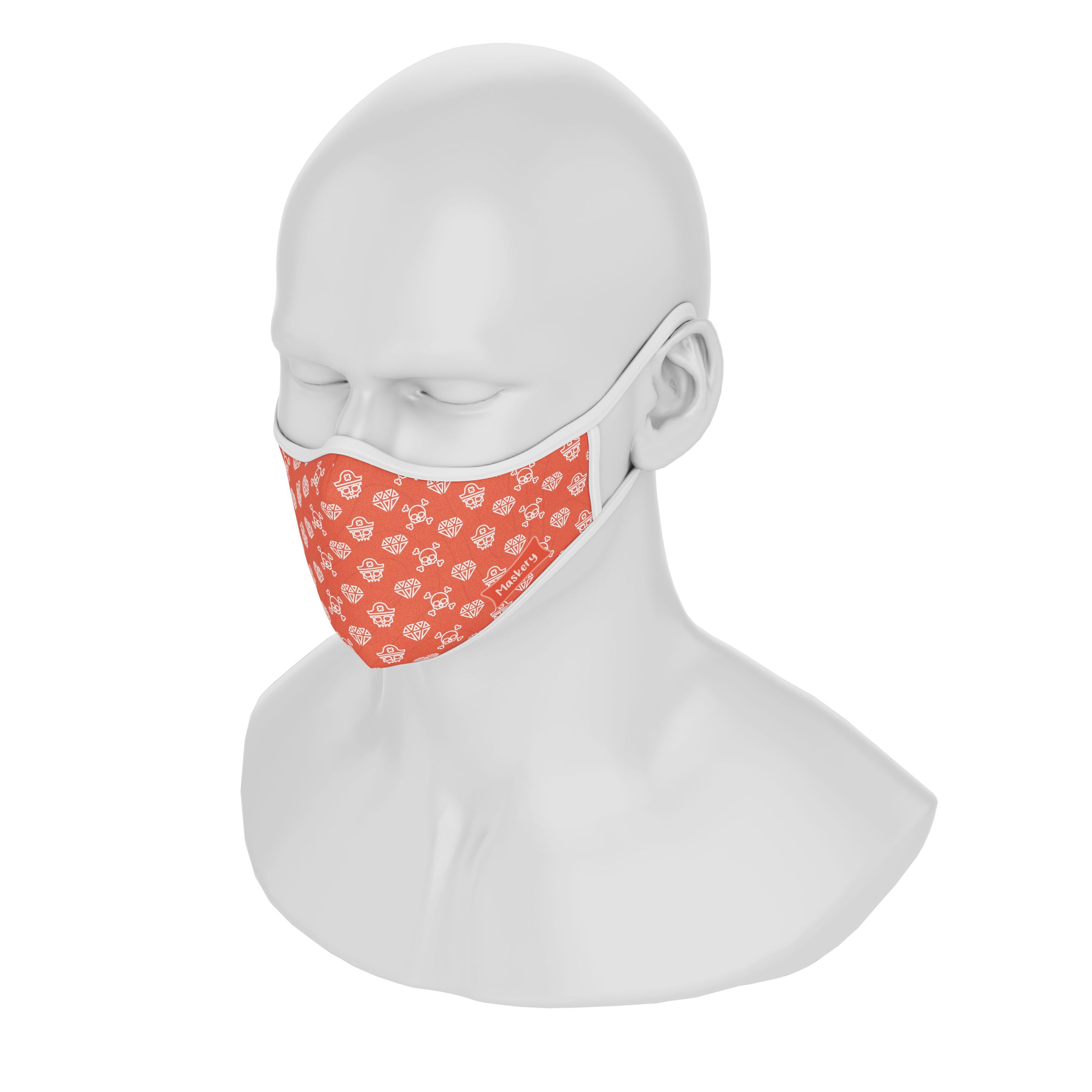 Maskery Premium Face Mask featuring a stylish Pirate Skulls design, made from high-quality neoprene fabric for comfort and protection.