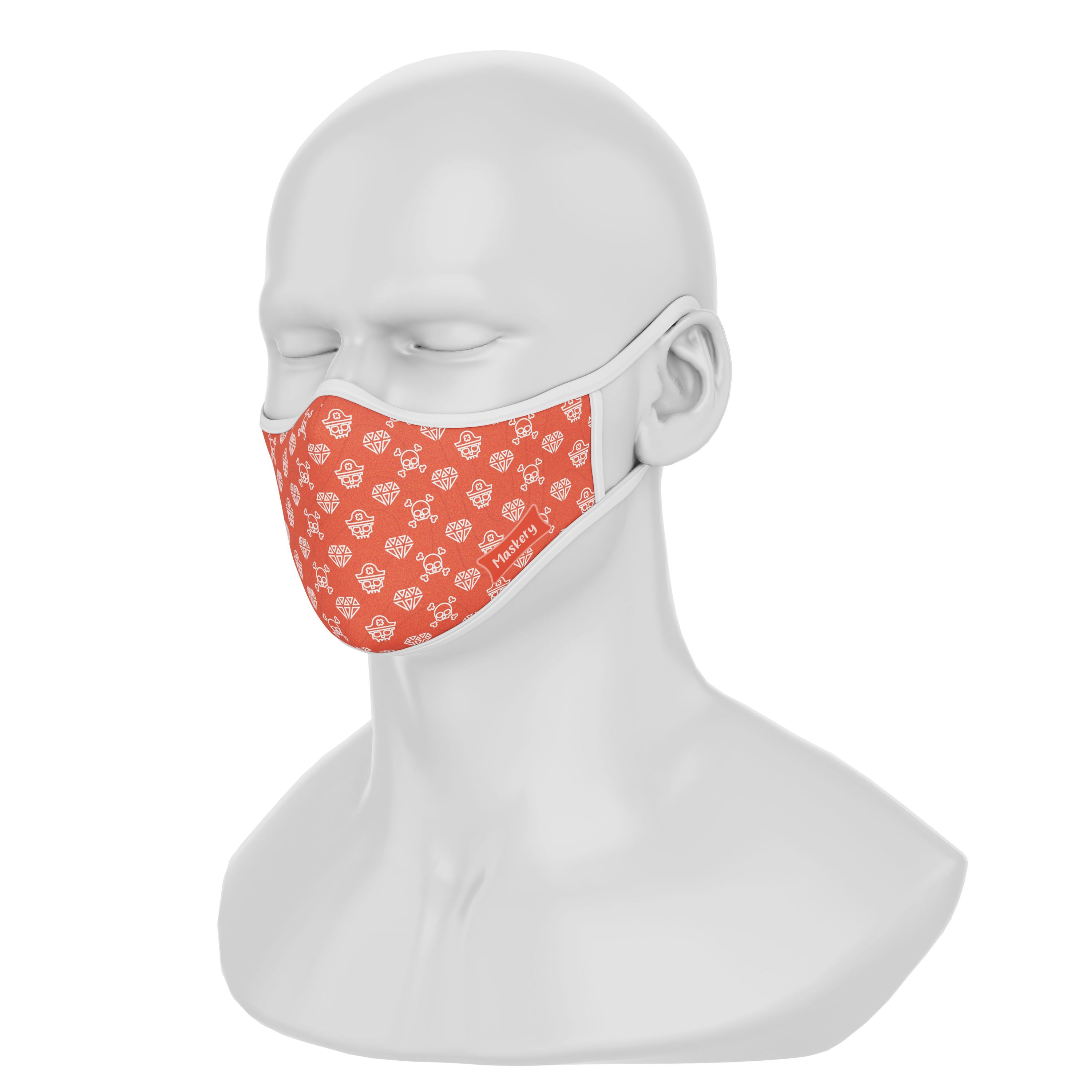 Maskery Premium Face Mask featuring a stylish Pirate Skulls design, made from high-quality neoprene fabric for comfort and protection.