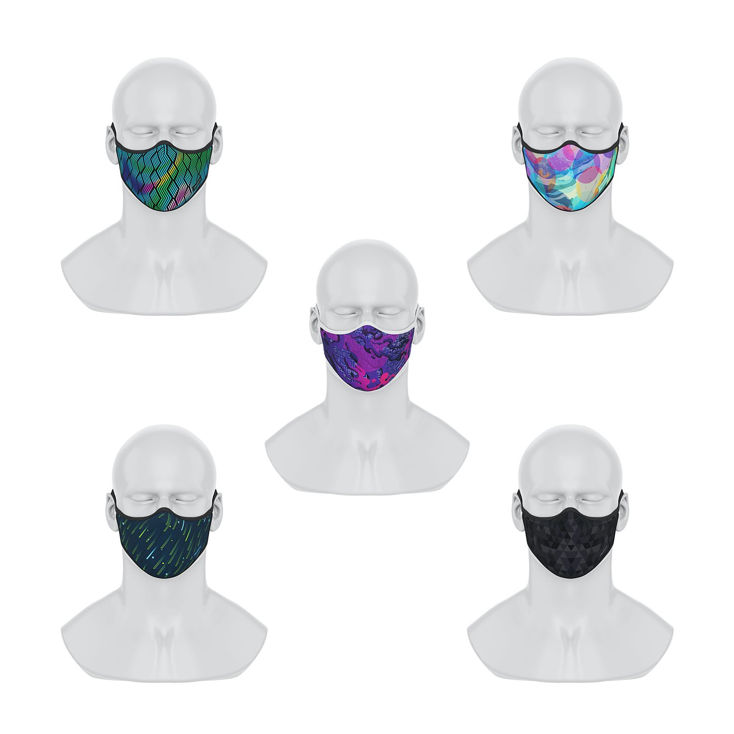 A set of five stylish Maskery Premium Face Masks in various colors and patterns, made from high-quality neoprene fabric, designed for comfort and protection.