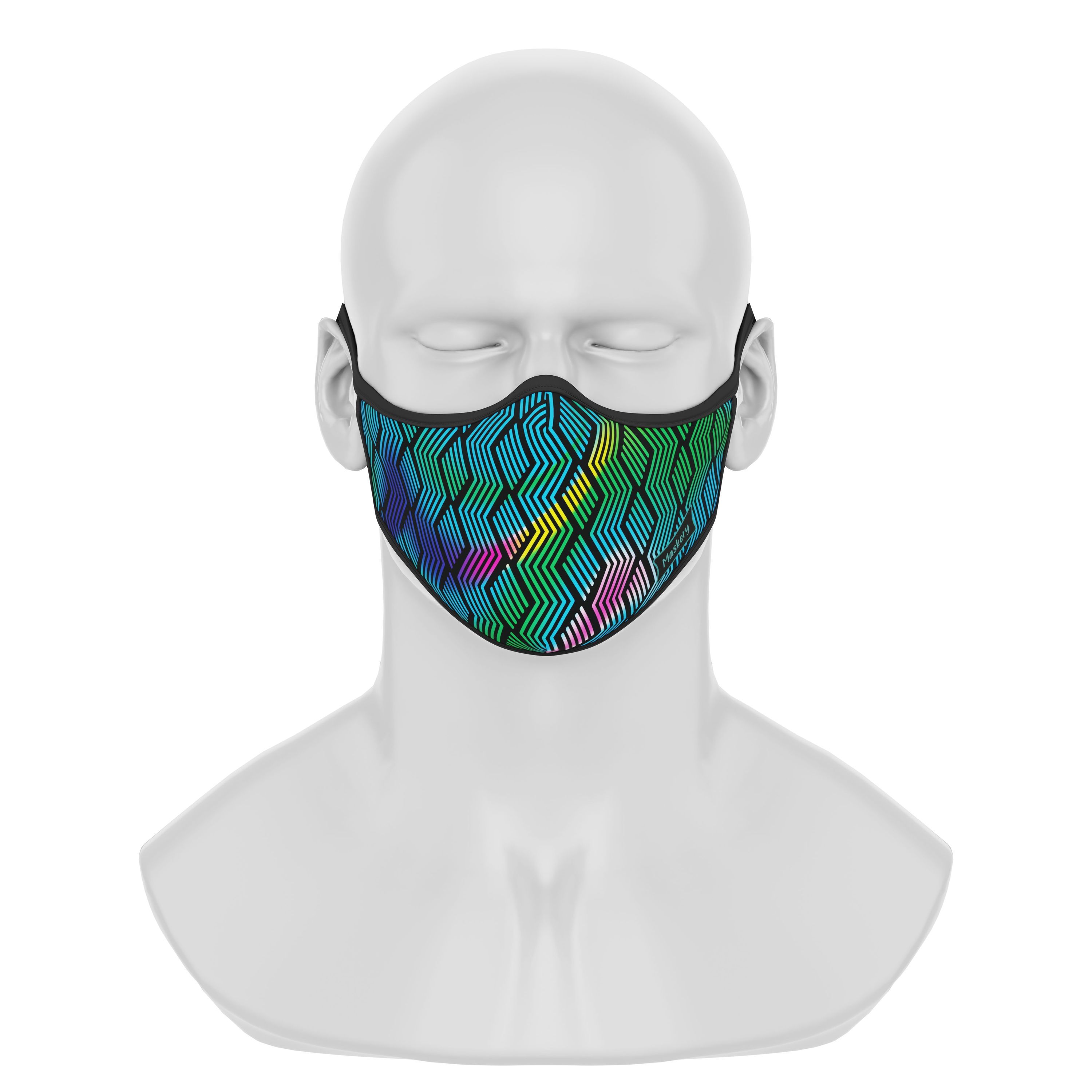 A set of five stylish Maskery Premium Face Masks in various colors and patterns, made from high-quality neoprene fabric, designed for comfort and protection.