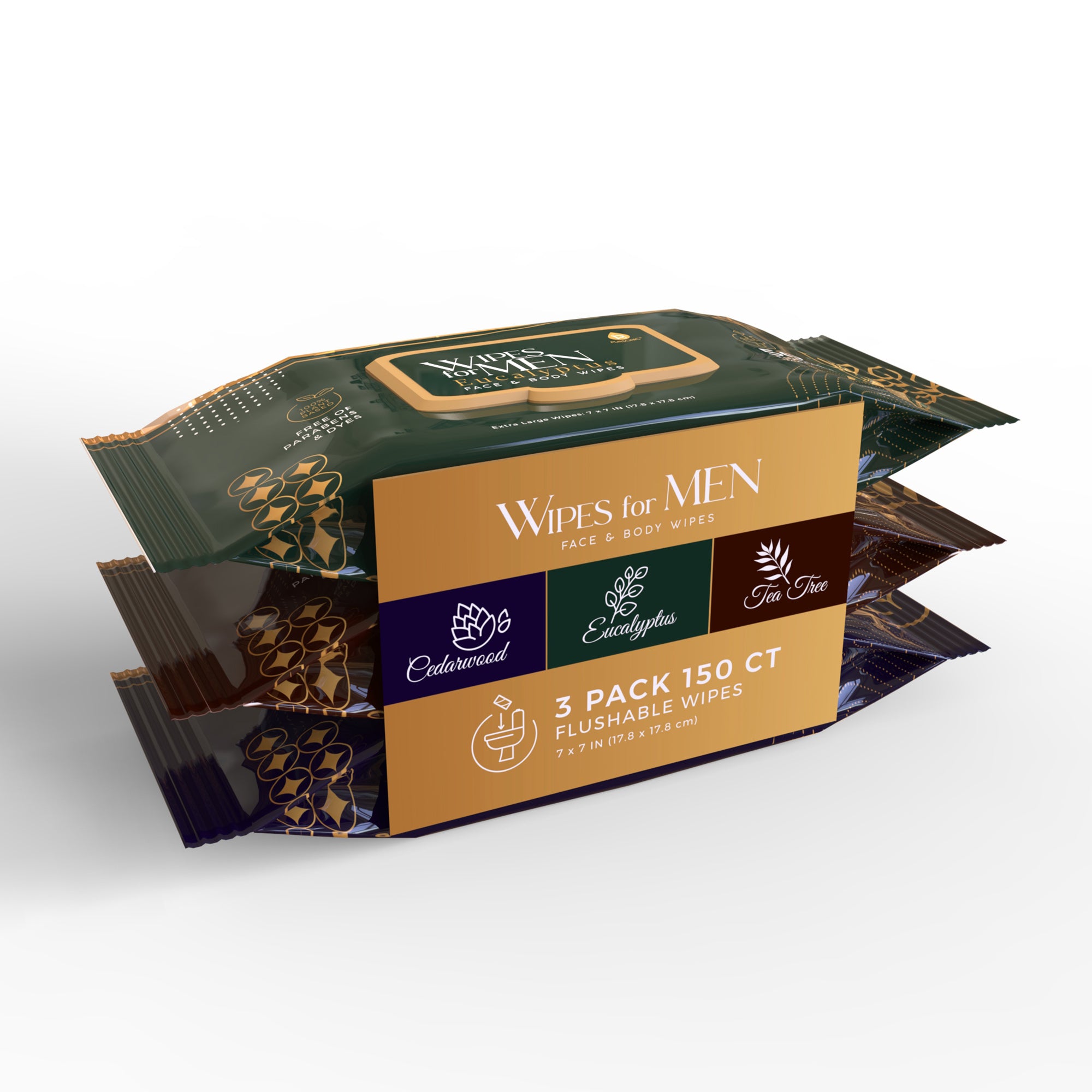 Pursonic Men's Assorted Face and Body Wipes in Cedarwood, Tea Tree, and Eucalyptus scents, packaged in a convenient 3-pack.