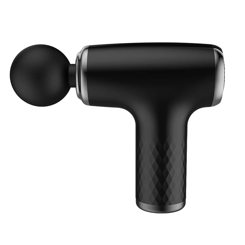 Mini Portable Electric Muscle Massager in white color with four interchangeable massage heads, showcasing its compact design and USB Type-C charging port.