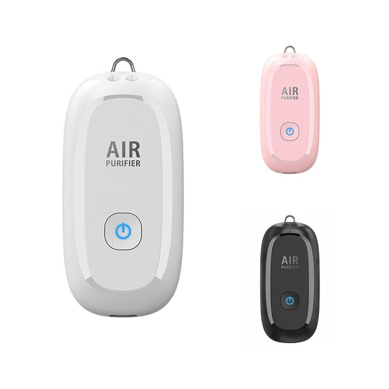 Mini Portable Personal Wearable Air Purifier Necklace in white, pink, and black colors, showcasing its compact design and stylish lanyard.