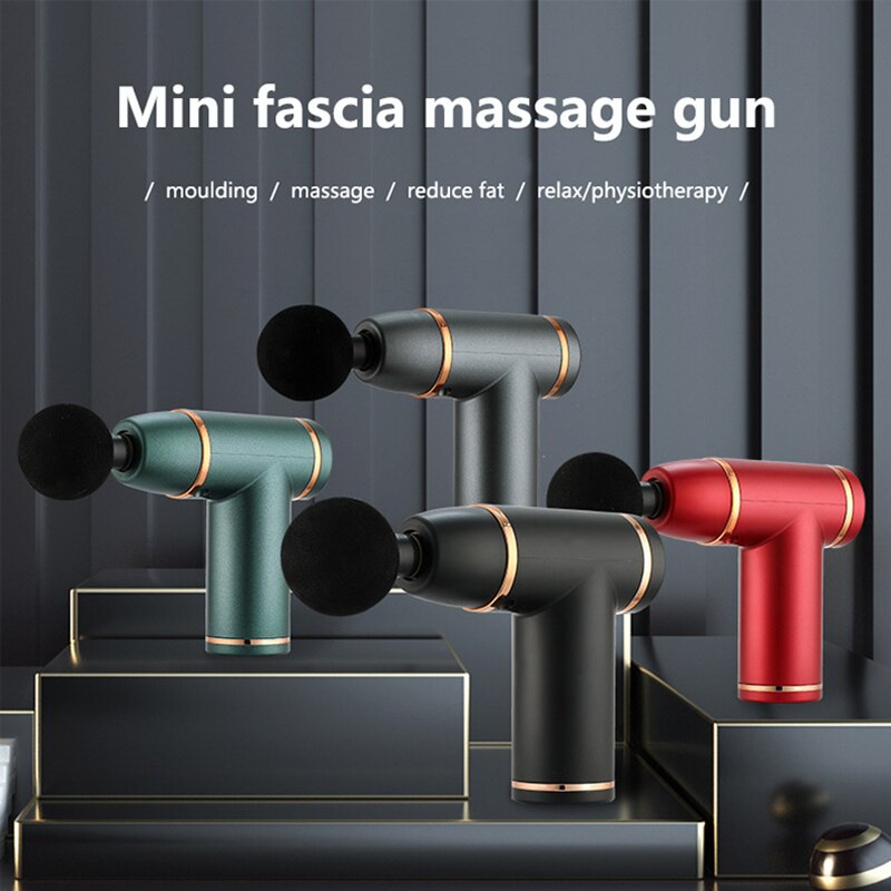 Mini USB Deep Tissue Massage Gun in various colors including green, black, gray, and red, showcasing its compact design and USB charging capability.