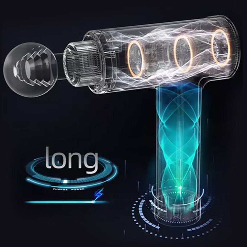 Mini USB Deep Tissue Massage Gun in various colors including green, black, gray, and red, showcasing its compact design and USB charging capability.