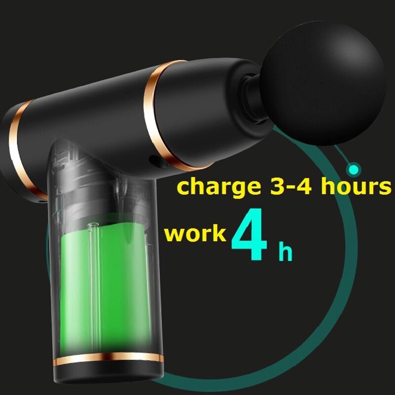 Mini USB Deep Tissue Massage Gun in various colors including green, black, gray, and red, showcasing its compact design and USB charging capability.