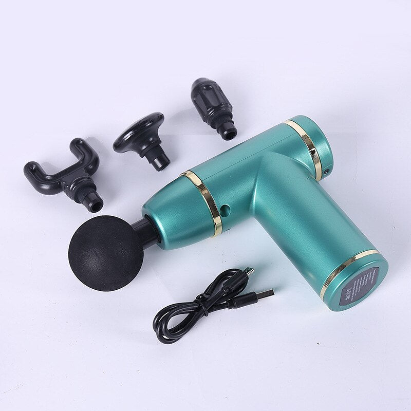 Mini USB Deep Tissue Massage Gun in various colors including green, black, gray, and red, showcasing its compact design and USB charging capability.