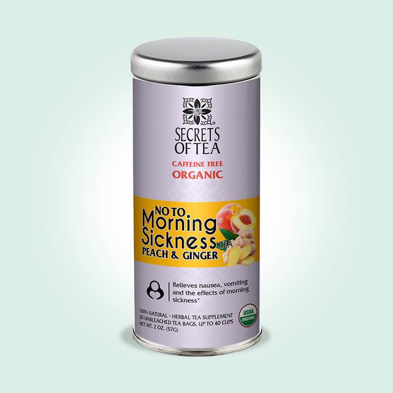 A box of Morning Sickness Tea featuring peach and ginger flavors, designed for pregnant women to alleviate nausea, with a soothing herbal blend.