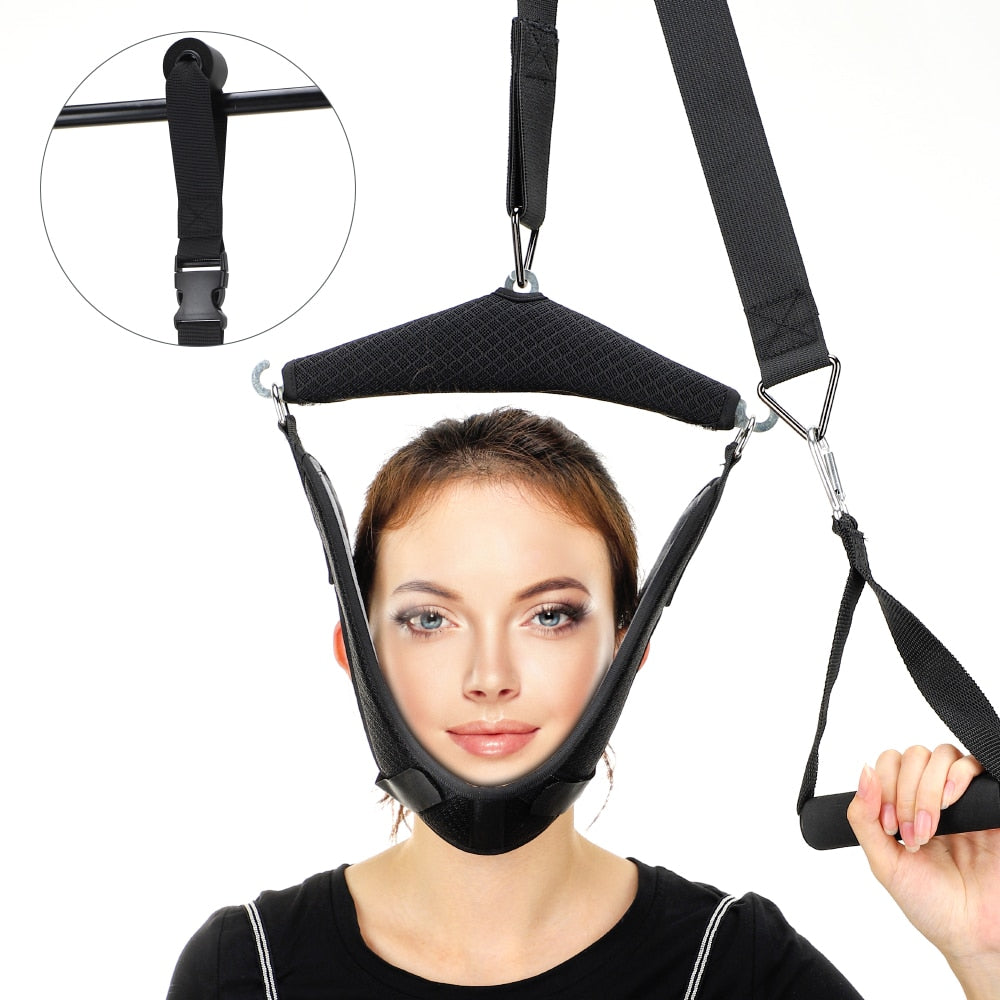 Neck Cervical Traction Belt Adjustable Back Head Massager, featuring sturdy loop buckles and breathable mesh fabric for comfort.
