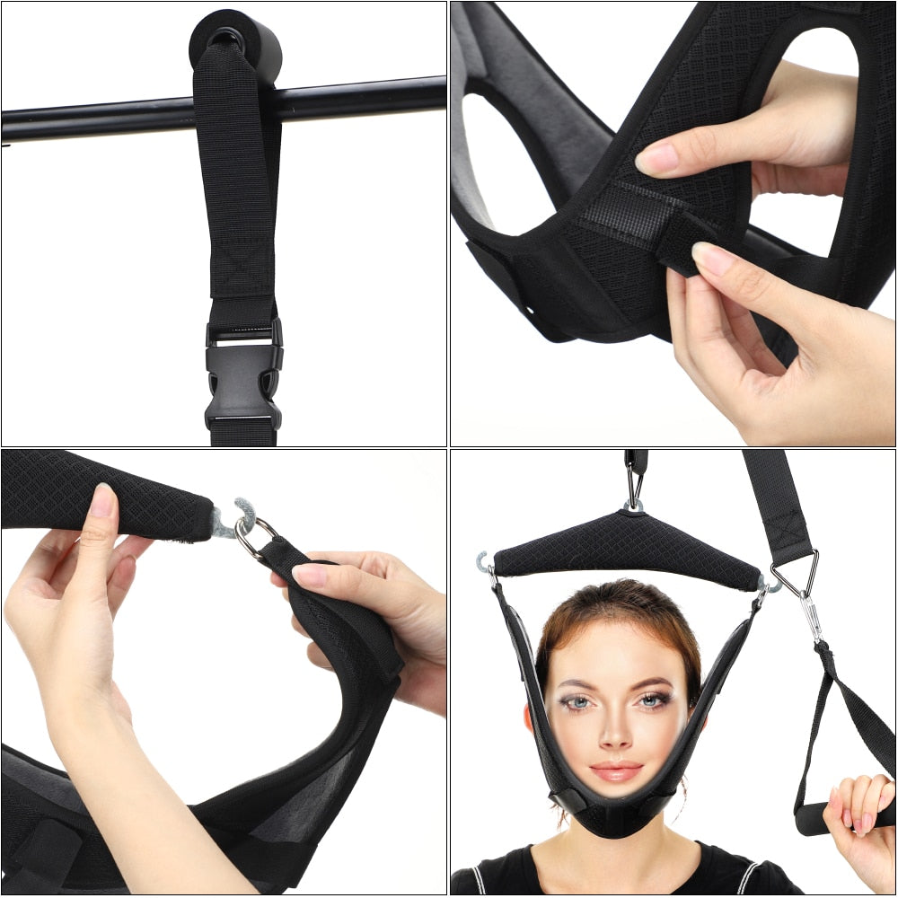 Neck Cervical Traction Belt Adjustable Back Head Massager, featuring sturdy loop buckles and breathable mesh fabric for comfort.
