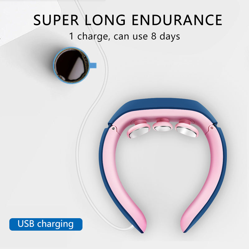 Electric neck massager designed for cervical traction and shoulder relief, featuring adjustable intensity and multiple massage modes.