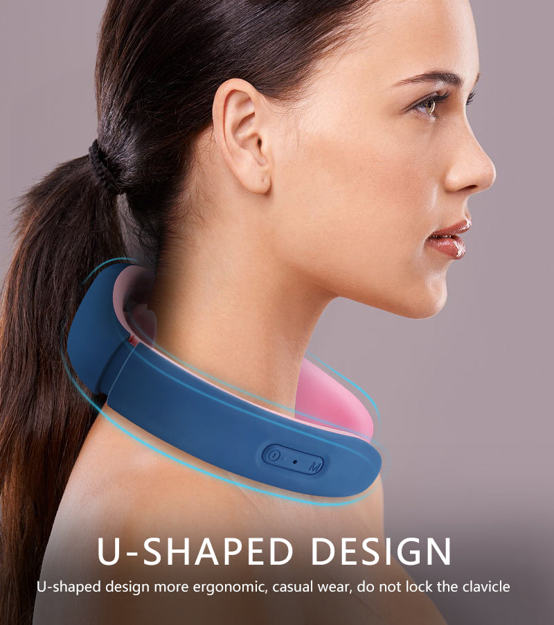 Electric neck massager designed for cervical traction and shoulder relief, featuring adjustable intensity and multiple massage modes.