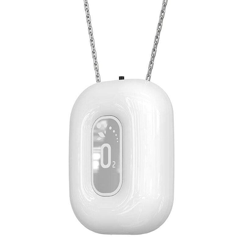 A sleek Necklace Negative Ion Air Purifier designed for adults and children, showcasing its compact size and stylish colors.