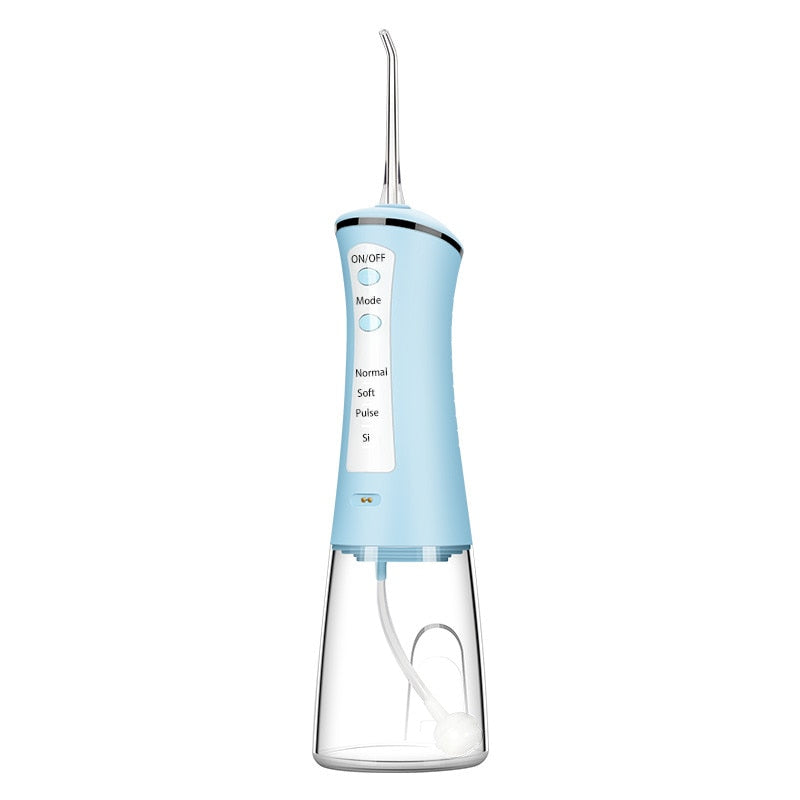 Newest Electric Oral Dental Irrigator Portable Water Jet Flosser with USB charging, showcasing its sleek design and included nozzles.