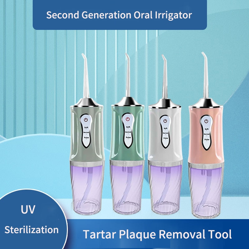 Newest Electric Oral Irrigator with UV Sterilization, showcasing its sleek design and USB charging feature.