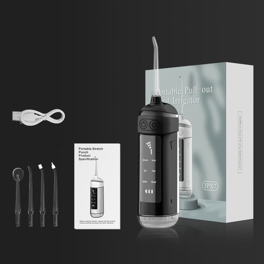 Newest Stretch Oral Irrigator, a portable dental water jet with multiple nozzles and a sleek design, ideal for effective oral hygiene.