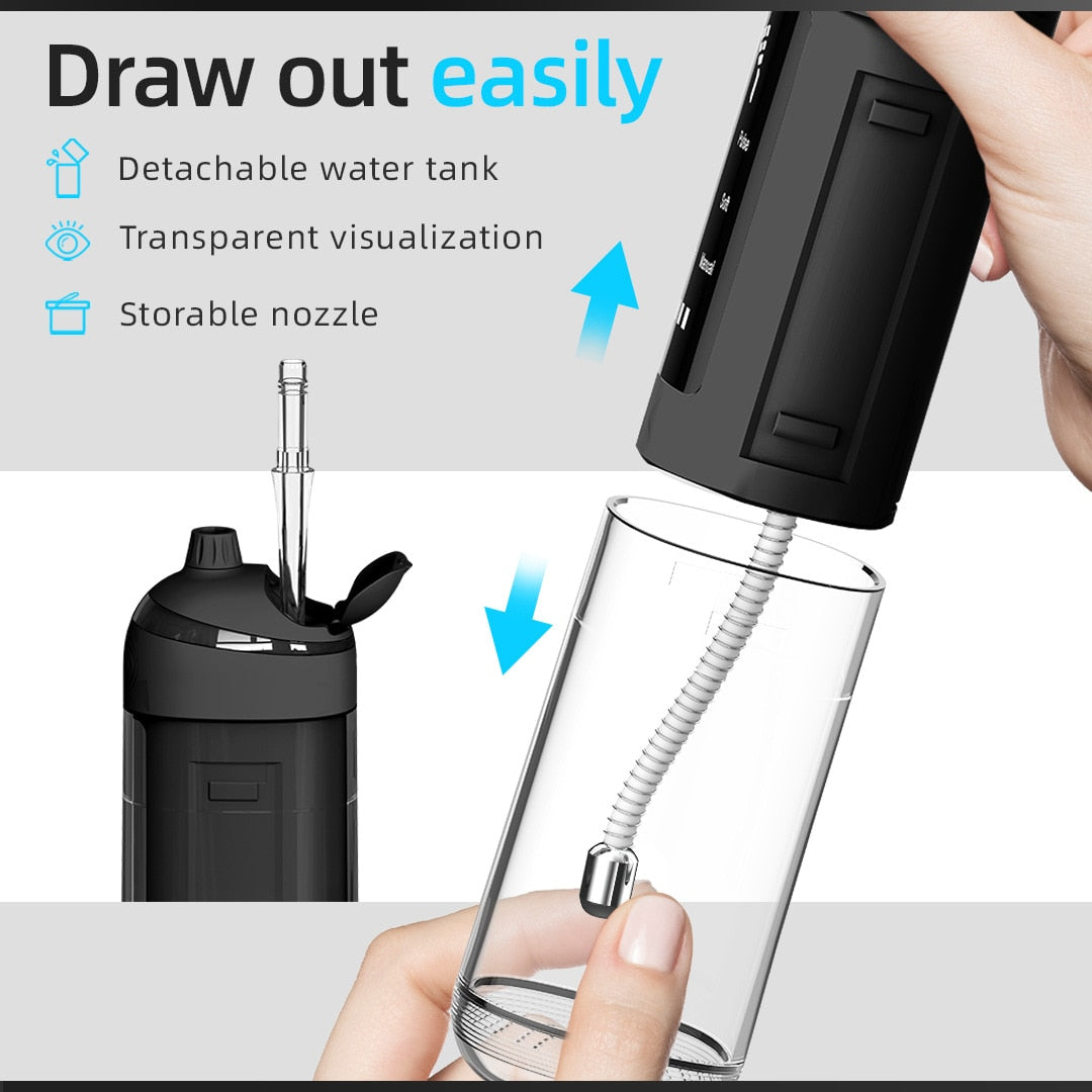 Newest Stretch Oral Irrigator, a portable dental water jet with multiple nozzles and a sleek design, ideal for effective oral hygiene.