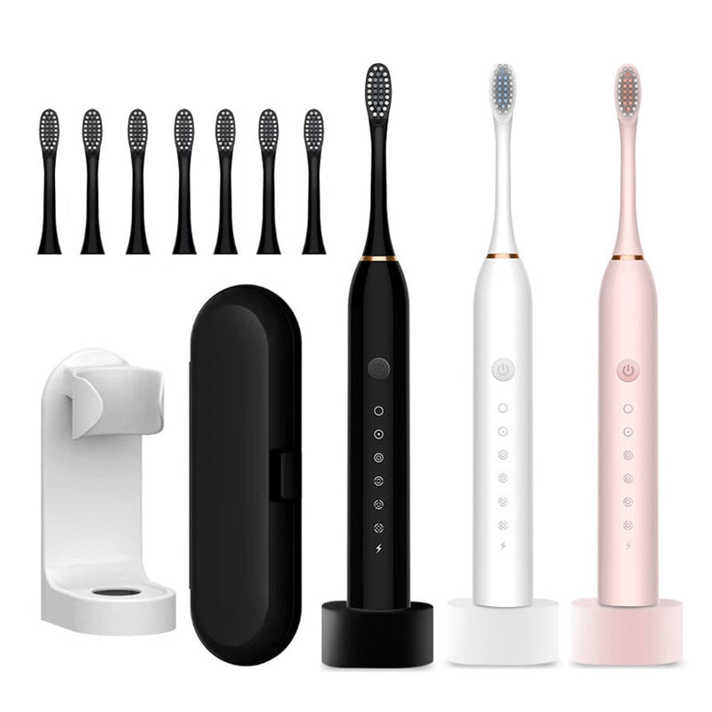 Newest Ultrasonic Electric Toothbrush with USB charger base, featuring 6 modes and waterproof design, ideal for adults and travel.