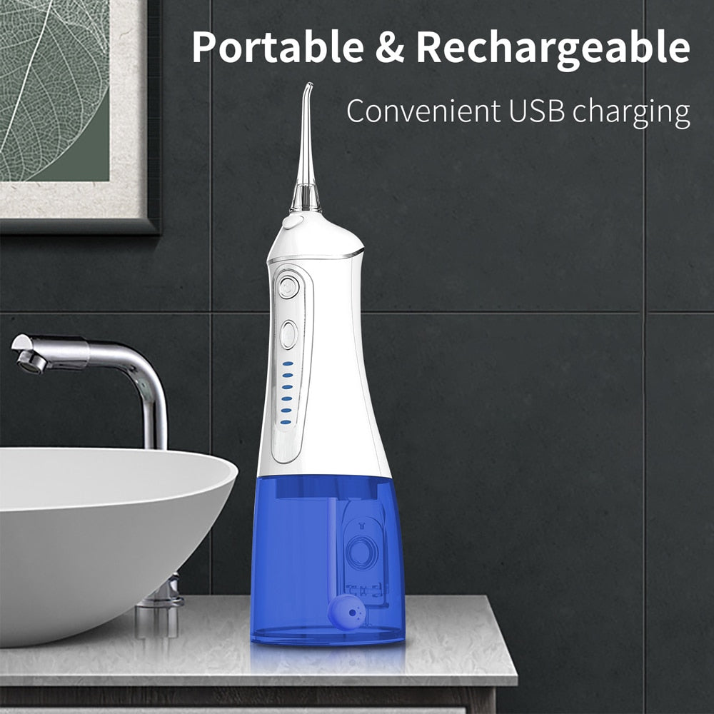 Newest Water Flosser Dental Oral Irrigator with USB charger, showcasing its sleek design and multiple nozzles for effective oral care.