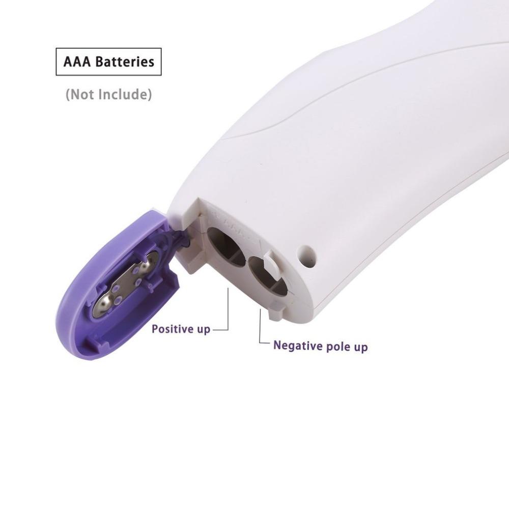 Non-Contact Infrared Forehead Thermometer with LCD display and laser backlight in purple and white color.