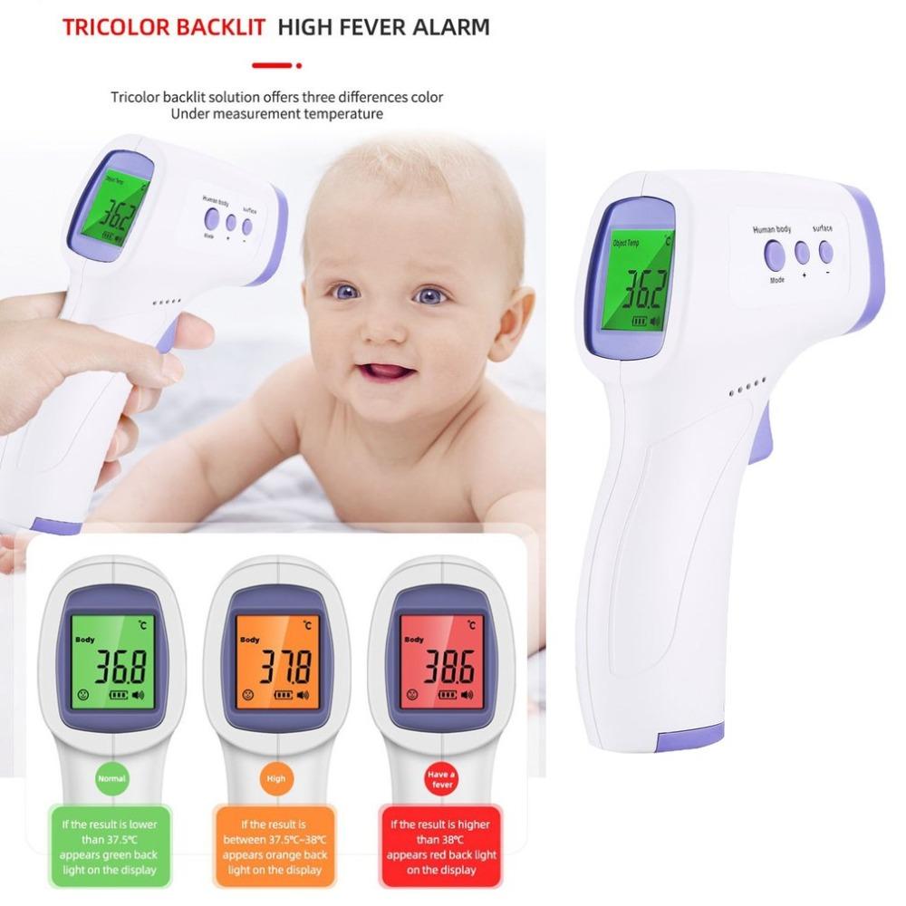Non-Contact Infrared Forehead Thermometer with LCD display and laser backlight in purple and white color.