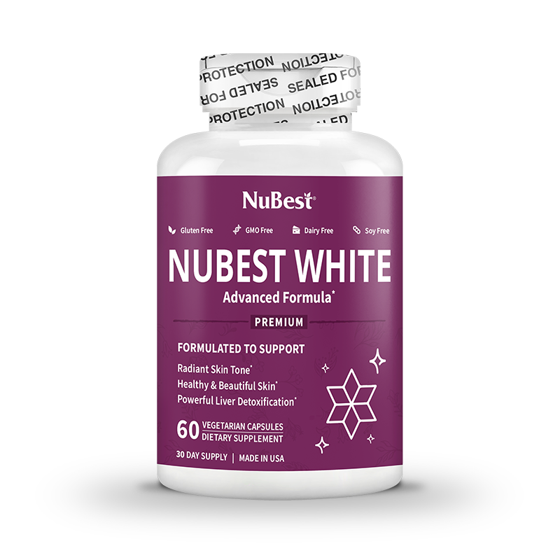 NuBest White skin brightening formula in a bottle with 60 vegan capsules, showcasing its vibrant packaging and health benefits.