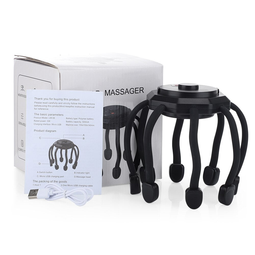 Octopus Electric Head Massager in black, featuring eight massage heads for a relaxing scalp massage.