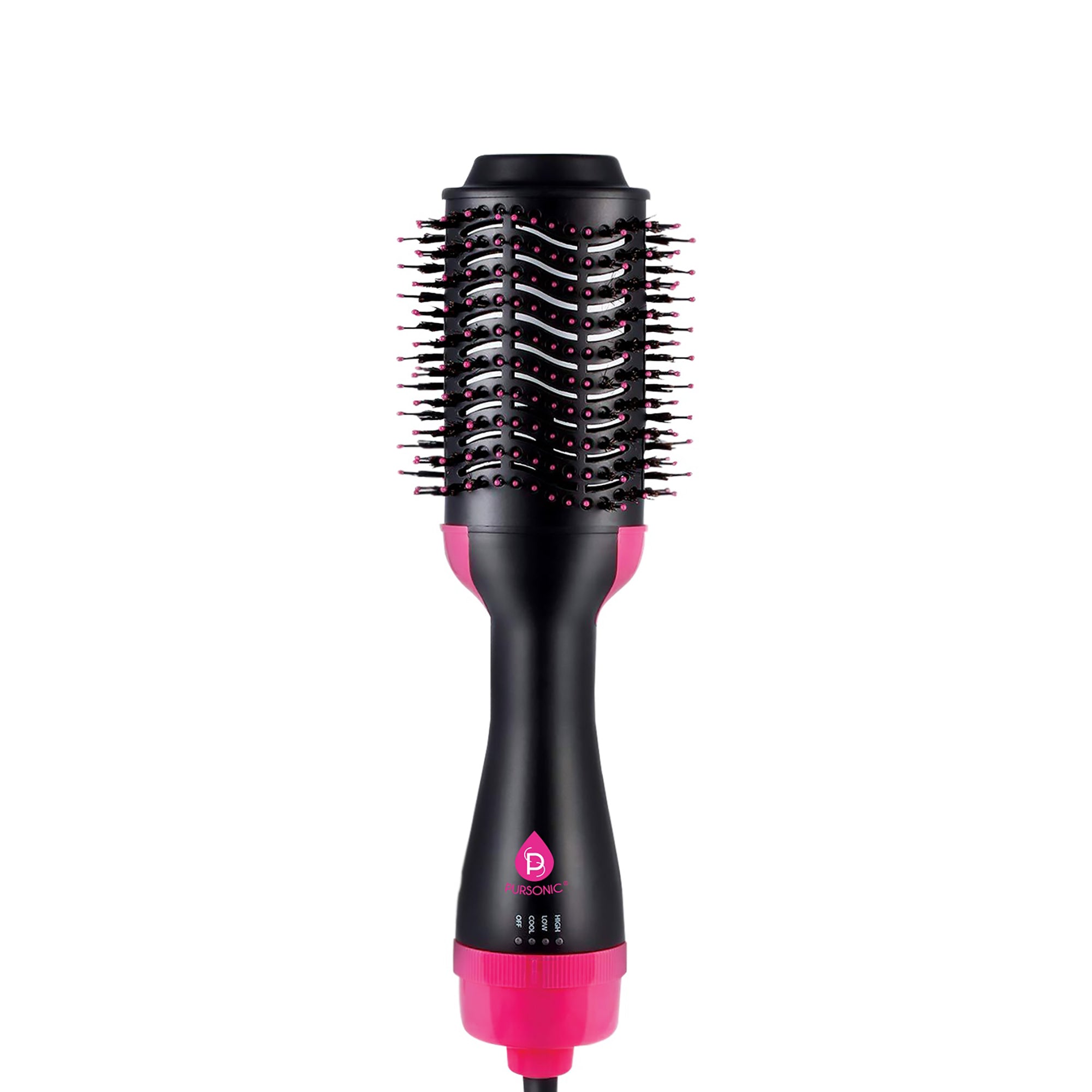Pursonic One Step Hair Dryer & Volumizer Brush with ergonomic design and unique airflow vent for styling hair.