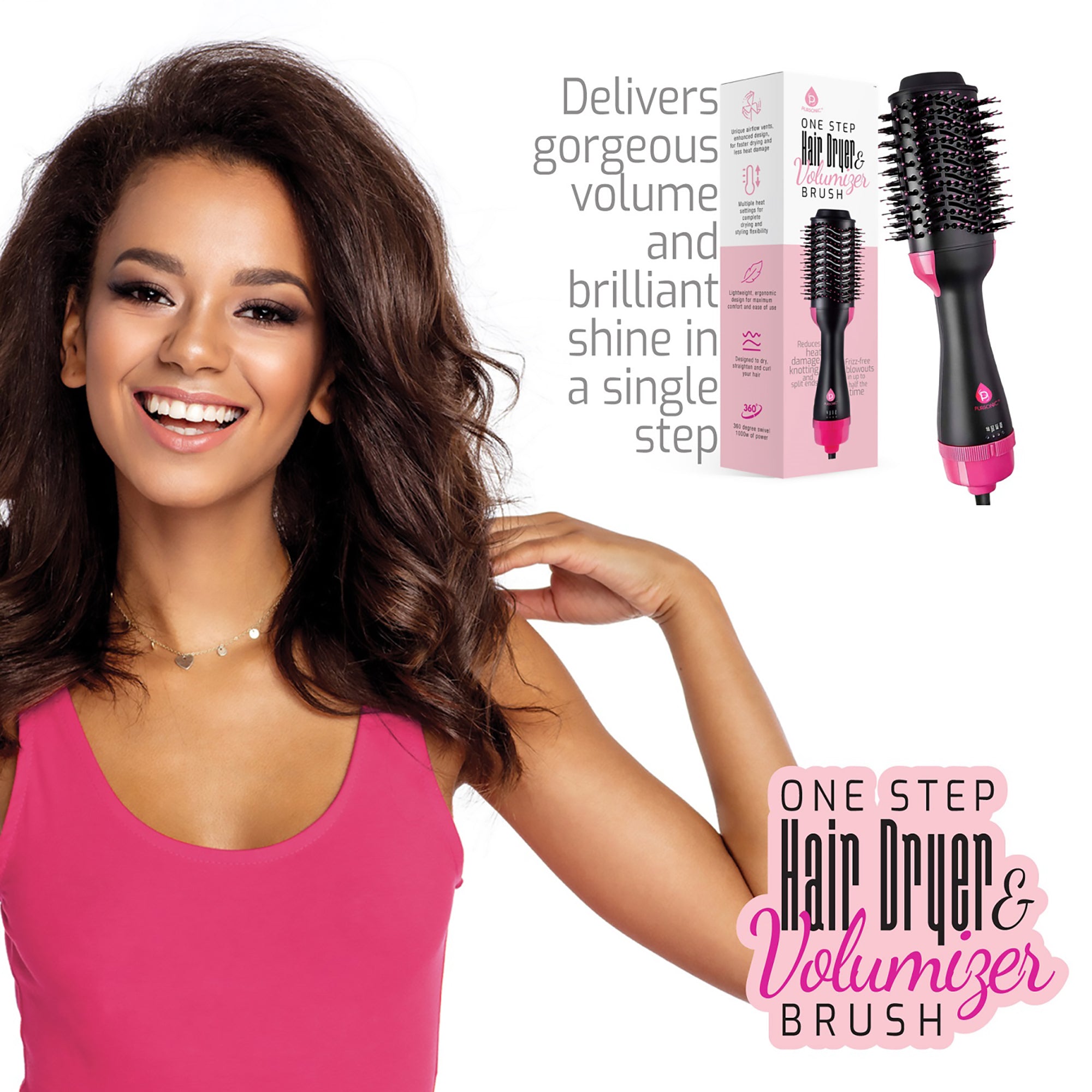 Pursonic One Step Hair Dryer & Volumizer Brush with ergonomic design and unique airflow vent for styling hair.