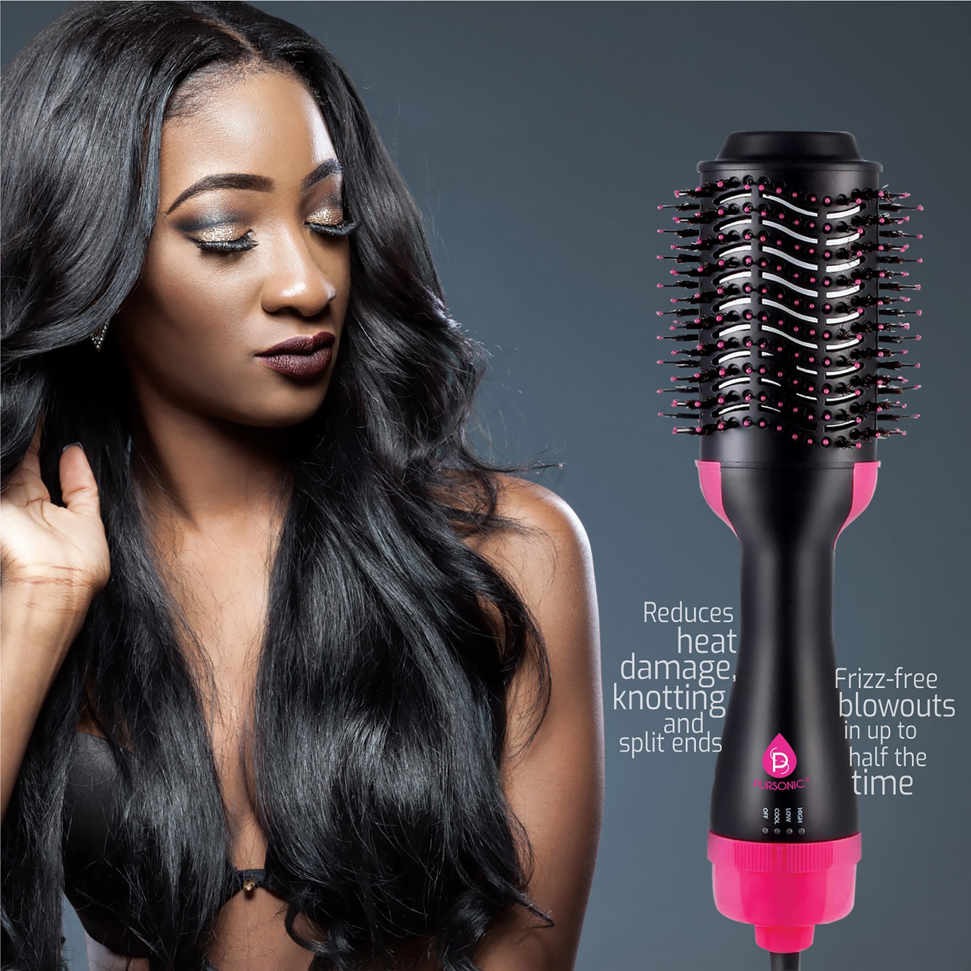 Pursonic One Step Hair Dryer & Volumizer Brush with ergonomic design and unique airflow vent for styling hair.